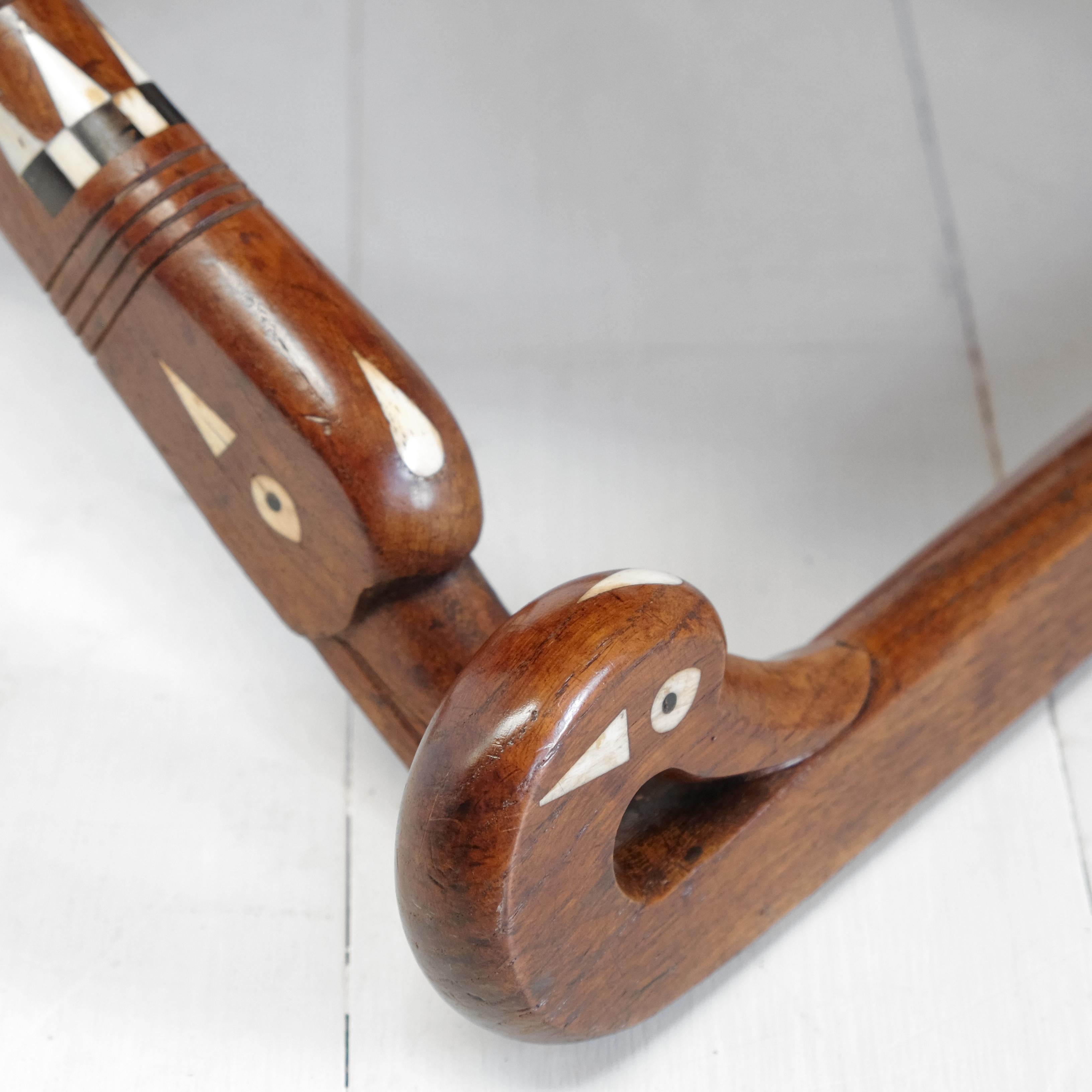 Hand-Carved Egyptian Revival Folding Stool, Oak, Bone and Ebony Inlay, Leather, French For Sale