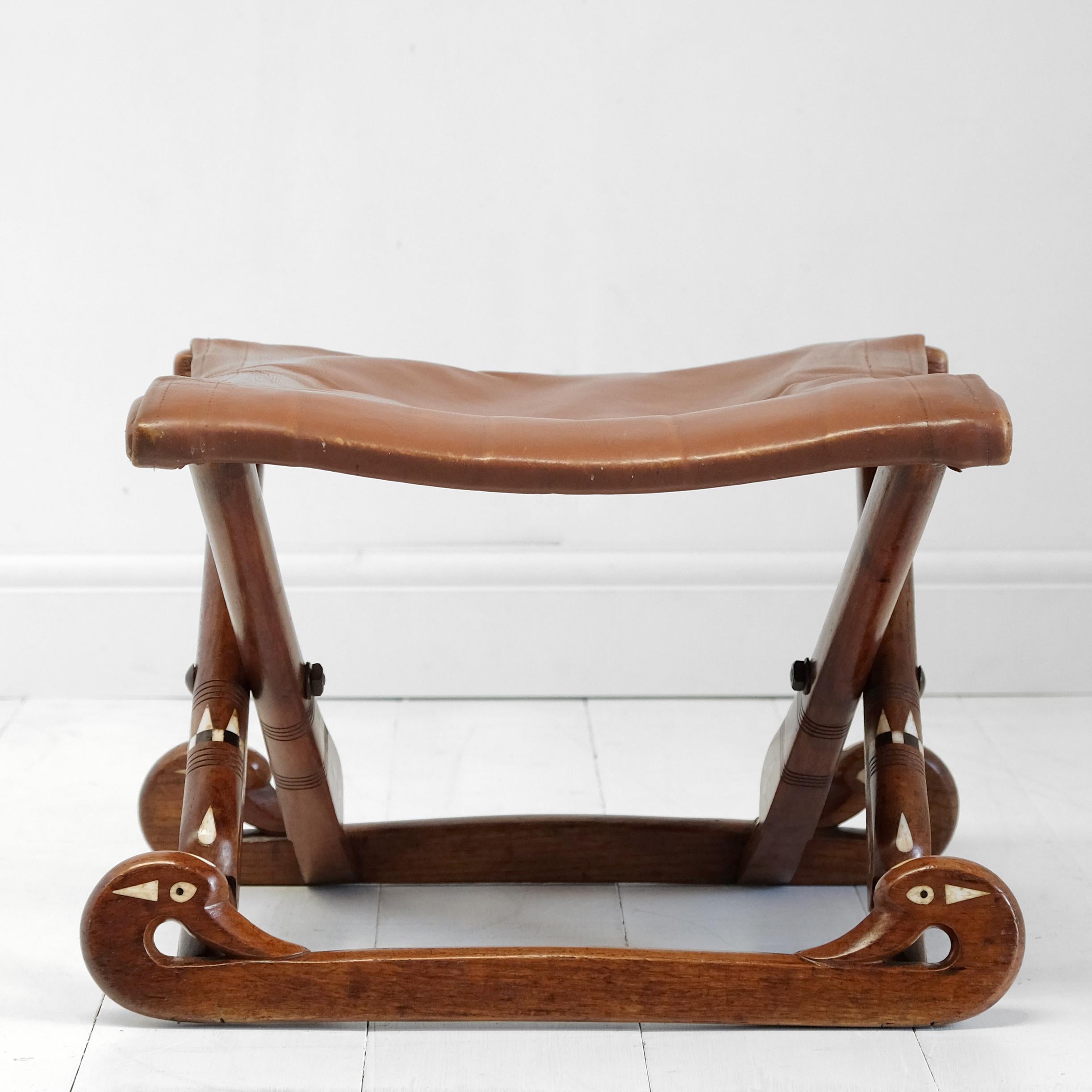 Egyptian Revival Folding Stool, Oak, Bone and Ebony Inlay, Leather, French In Good Condition For Sale In Totnes, GB