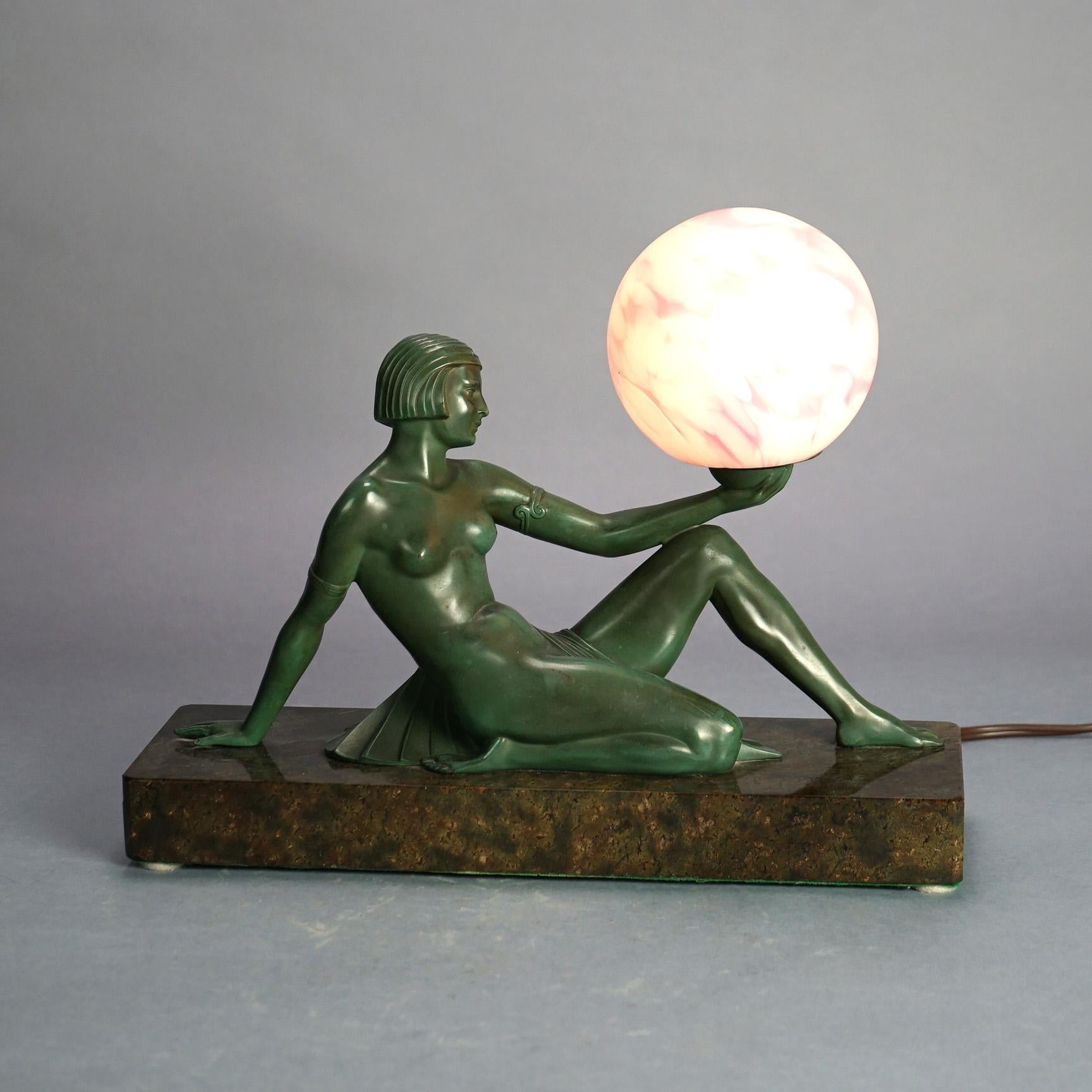Egyptian Revival Frankart School Bronze & Marble Figural Boudoir Lamp with Figure Holding the Globe, C1930

Measures- 11.5''H x 14.5''W x 6''D