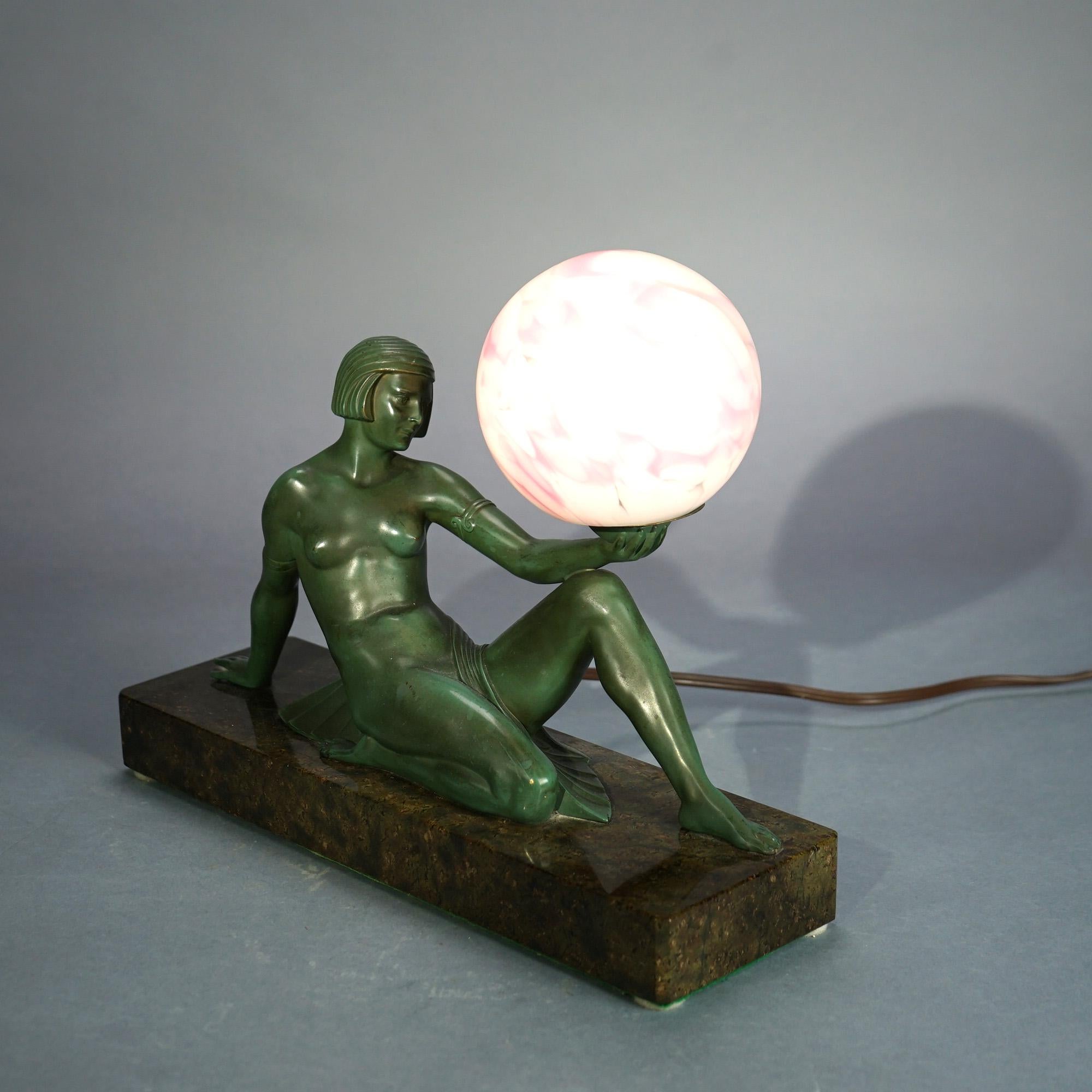 Egyptian Revival Frankart School Bronze & Marble Figural Boudoir Lamp C1930 In Good Condition For Sale In Big Flats, NY