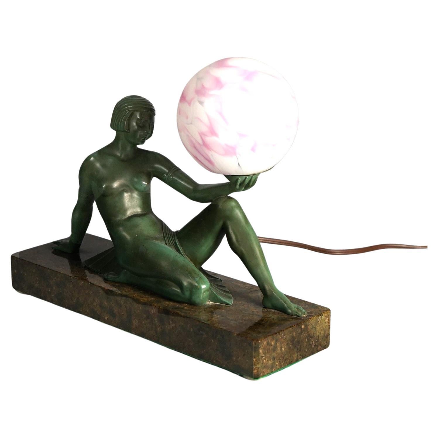 Egyptian Revival Frankart School Bronze & Marble Figural Boudoir Lamp C1930 For Sale