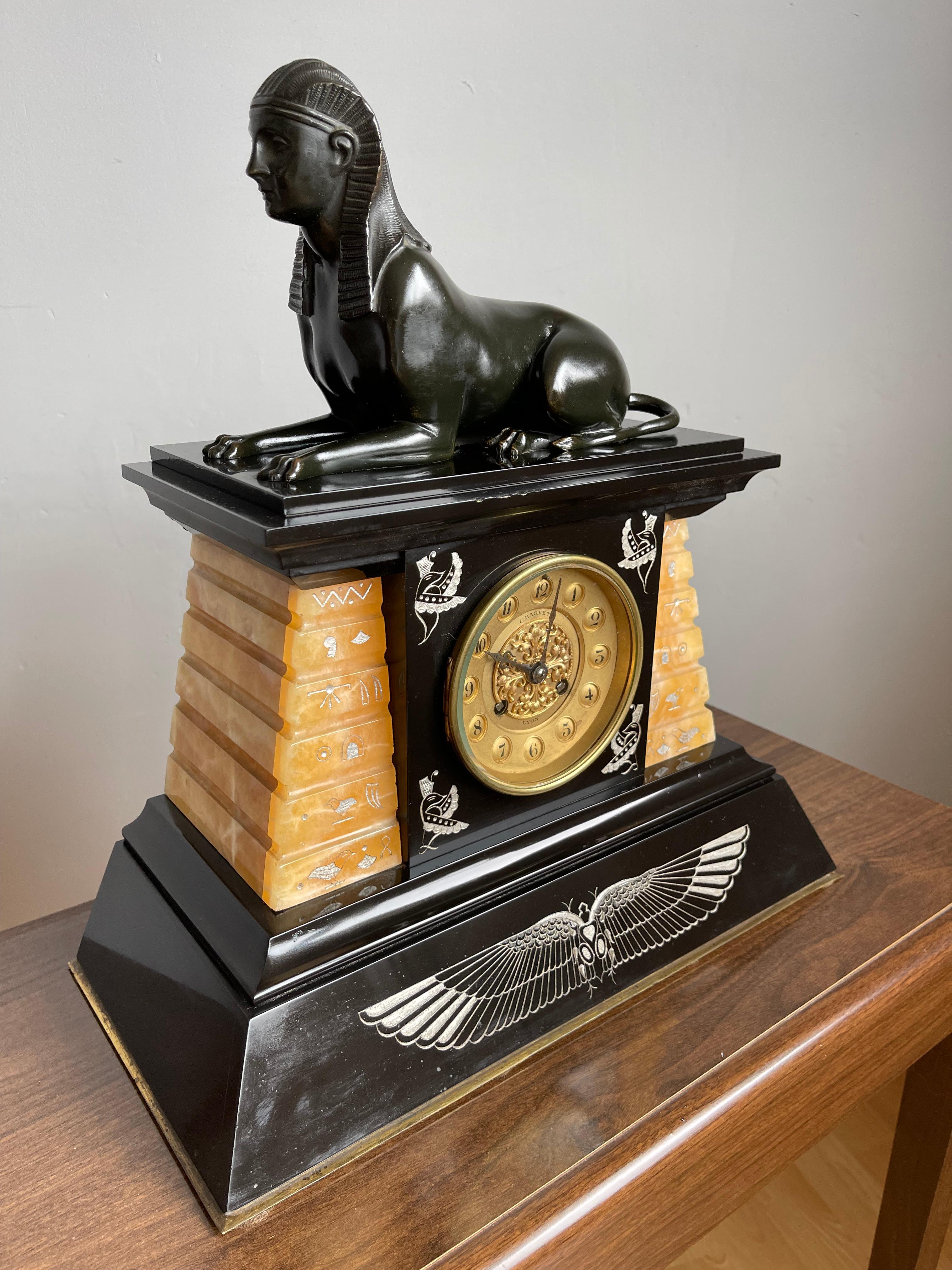 Egyptian Revival French Marble Manlel or Table Clock w. Bronze Sphinx Sculpture 10