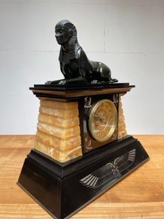 Egyptian Revival French Marble Manlel or Table Clock w. Bronze Sphinx Sculpture