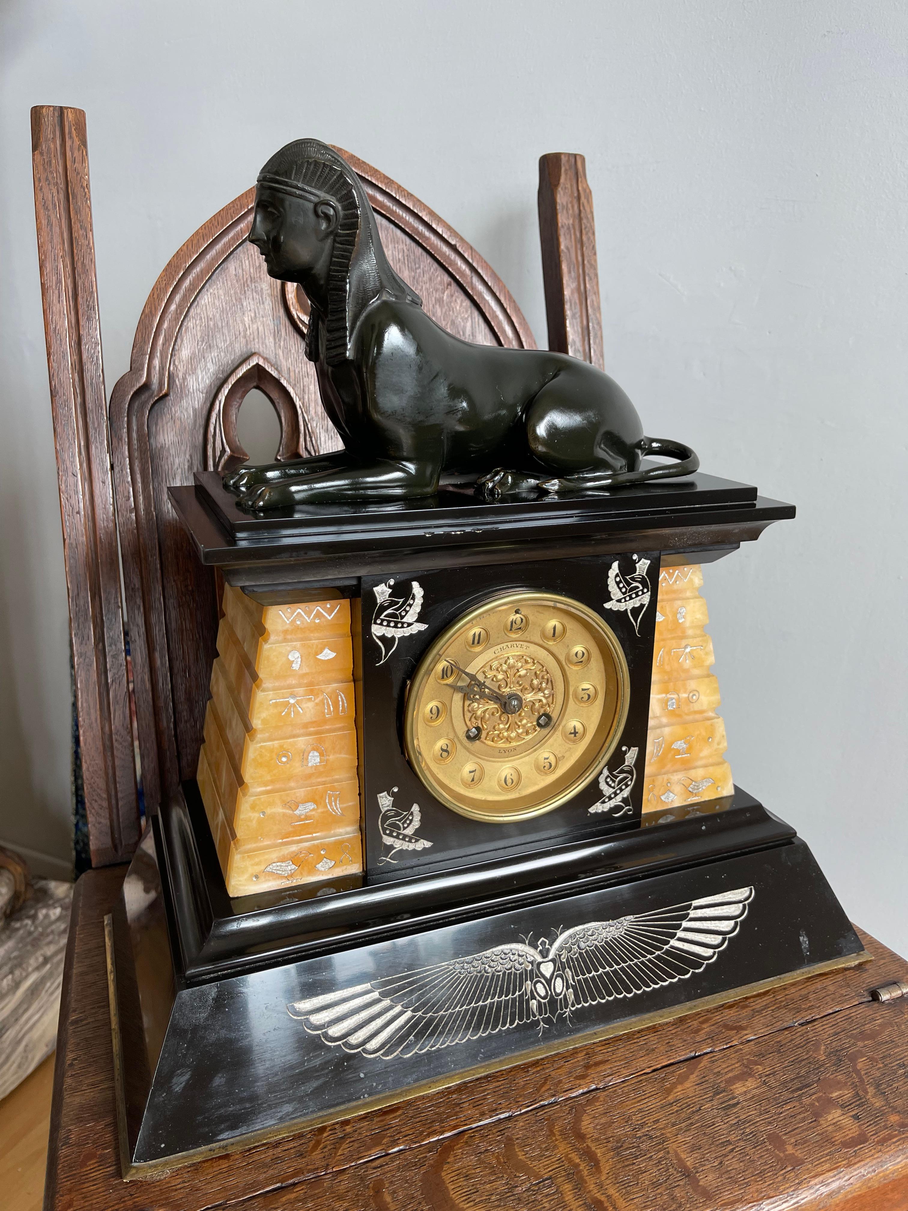 Patinated Egyptian Revival French Marble Manlel or Table Clock w. Bronze Sphinx Sculpture
