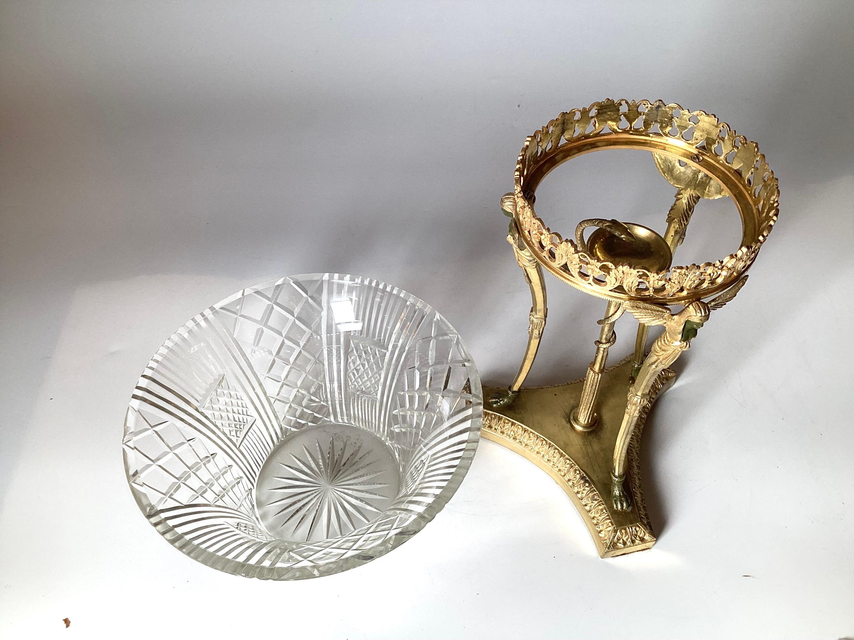 Late 19th Century Egyptian Revival Gilt Bronze and Cut Glass Pedestal Bowl For Sale