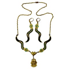 Egyptian Revival Gold Plated Snake Pharoah Necklace and Earrings Set