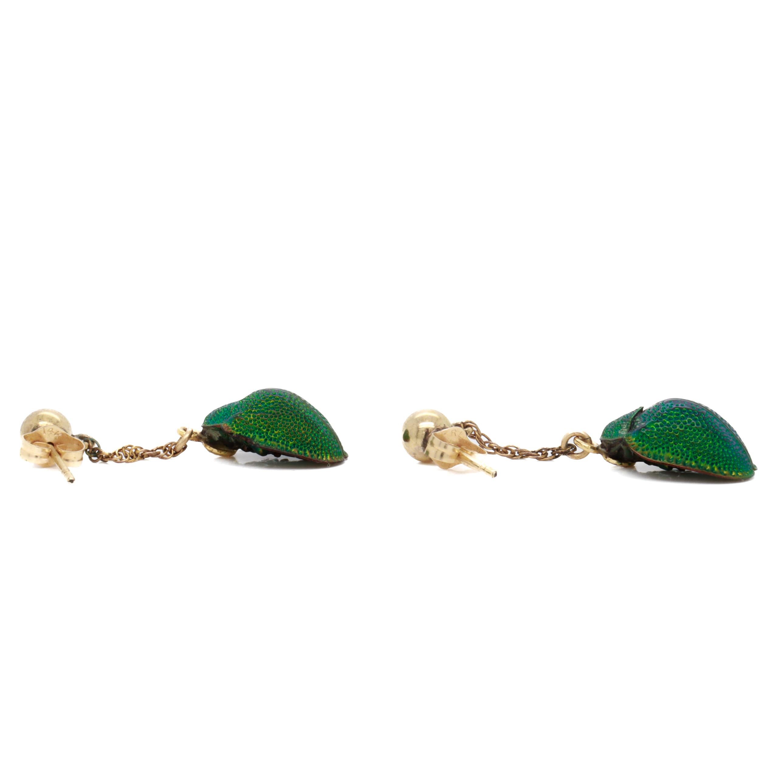 Egyptian Revival Gold & Real Scarab Beetle Drop / Dangle Earrings For Sale 6