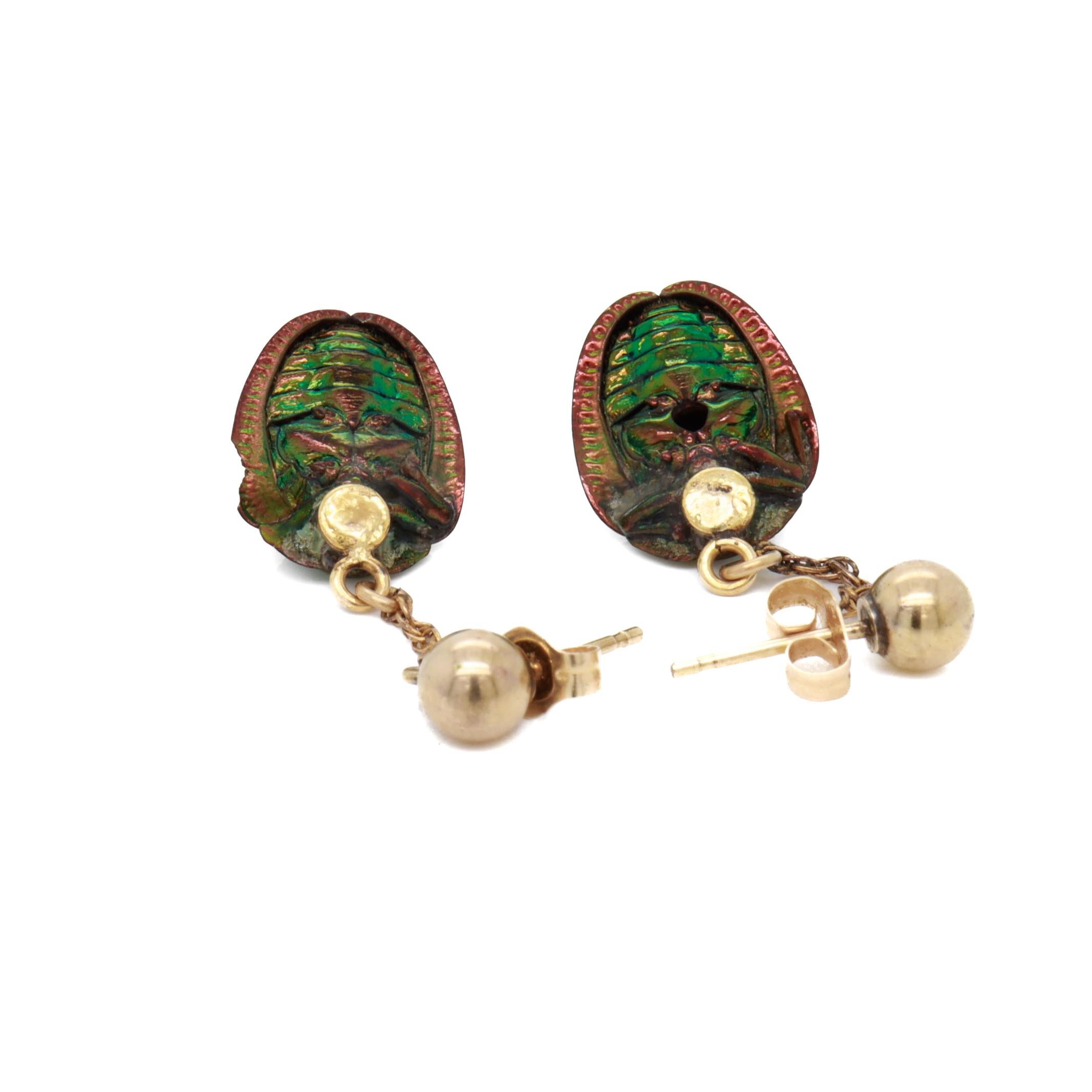 Egyptian Revival Gold & Real Scarab Beetle Drop / Dangle Earrings For Sale 7