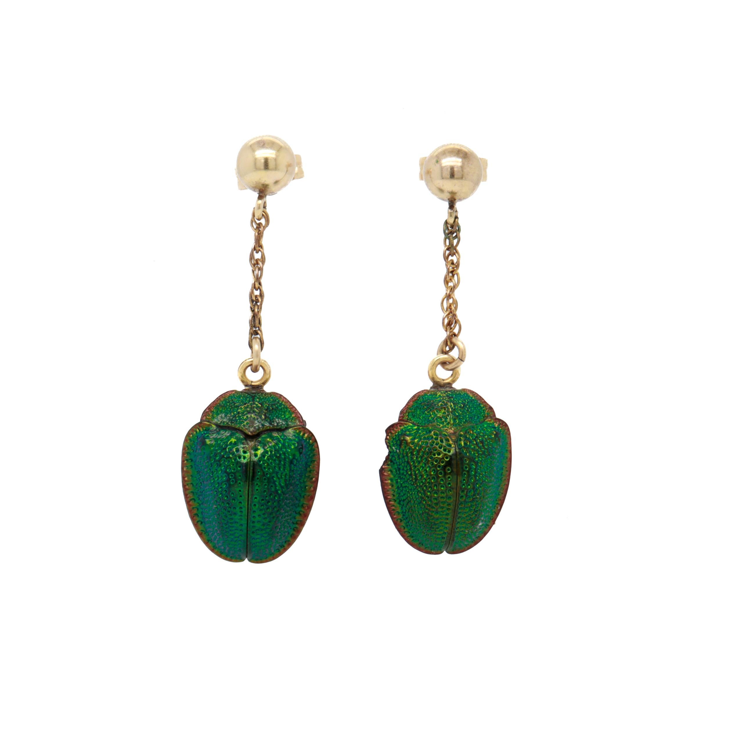 Women's Egyptian Revival Gold & Real Scarab Beetle Drop / Dangle Earrings For Sale
