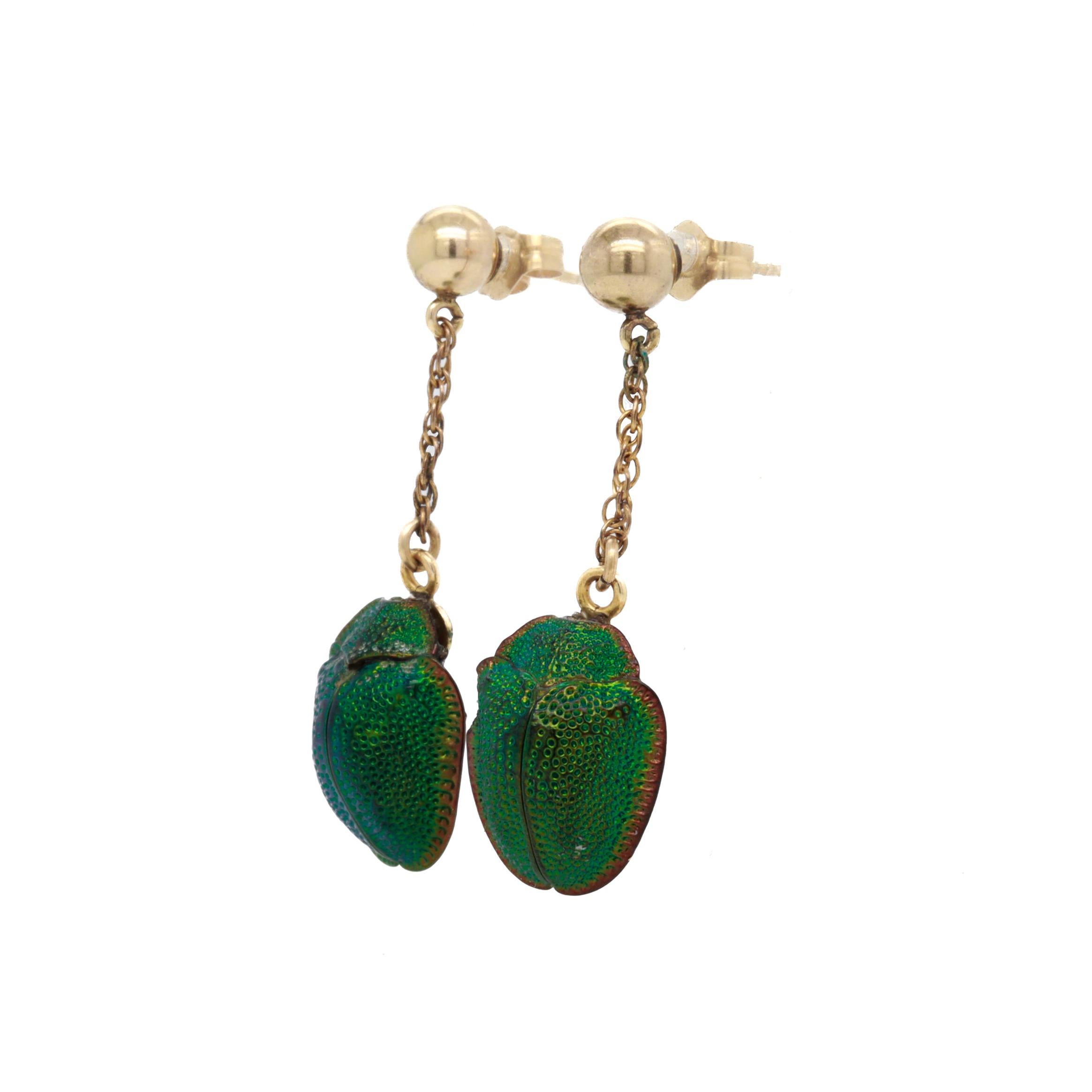 Egyptian Revival Gold & Real Scarab Beetle Drop / Dangle Earrings For Sale 1