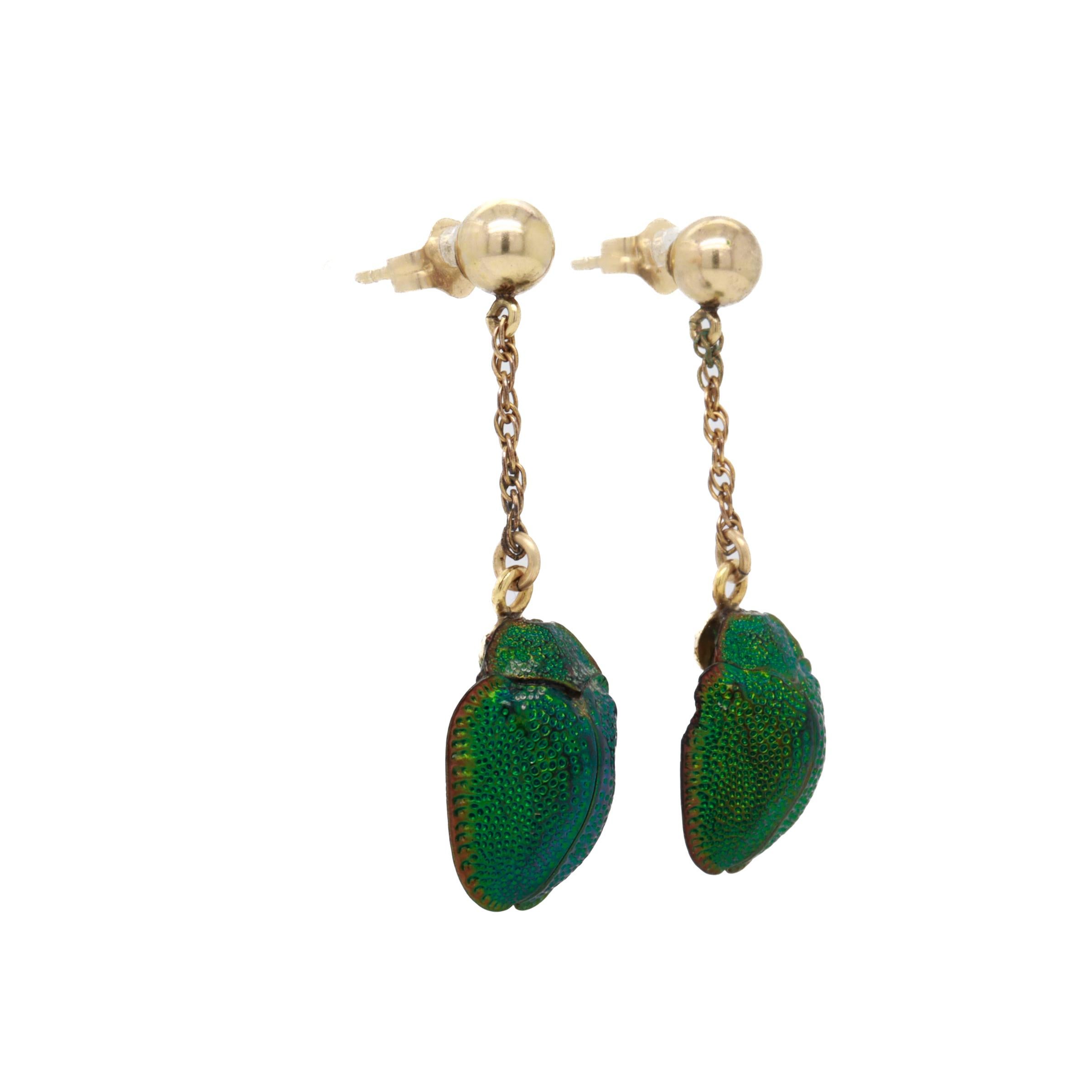 Egyptian Revival Gold & Real Scarab Beetle Drop / Dangle Earrings For Sale 2