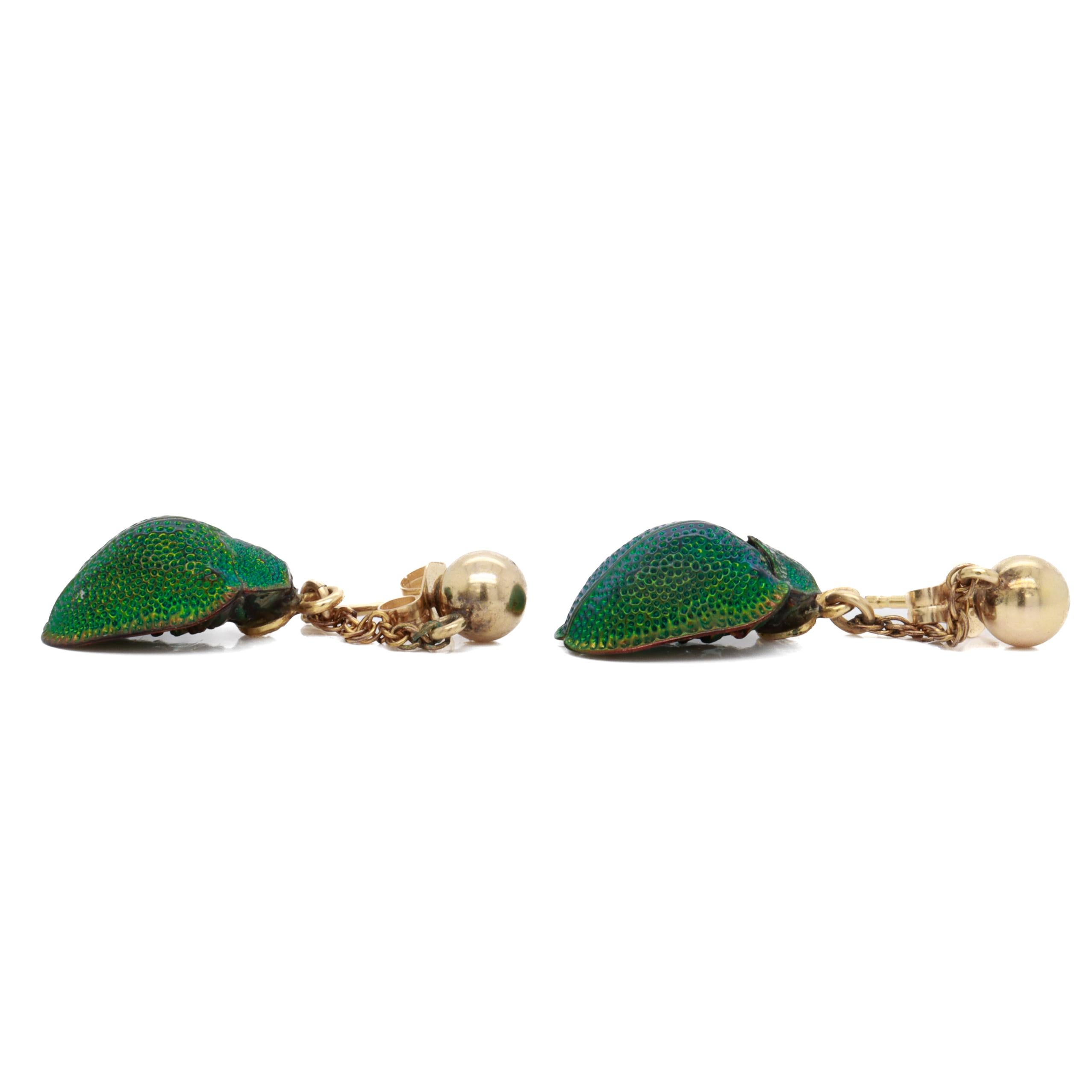 Egyptian Revival Gold & Real Scarab Beetle Drop / Dangle Earrings For Sale 4