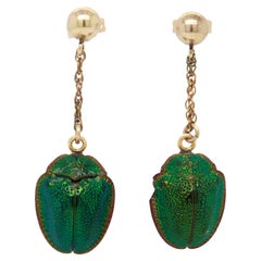 Egyptian Revival Gold & Real Scarab Beetle Drop / Dangle Earrings