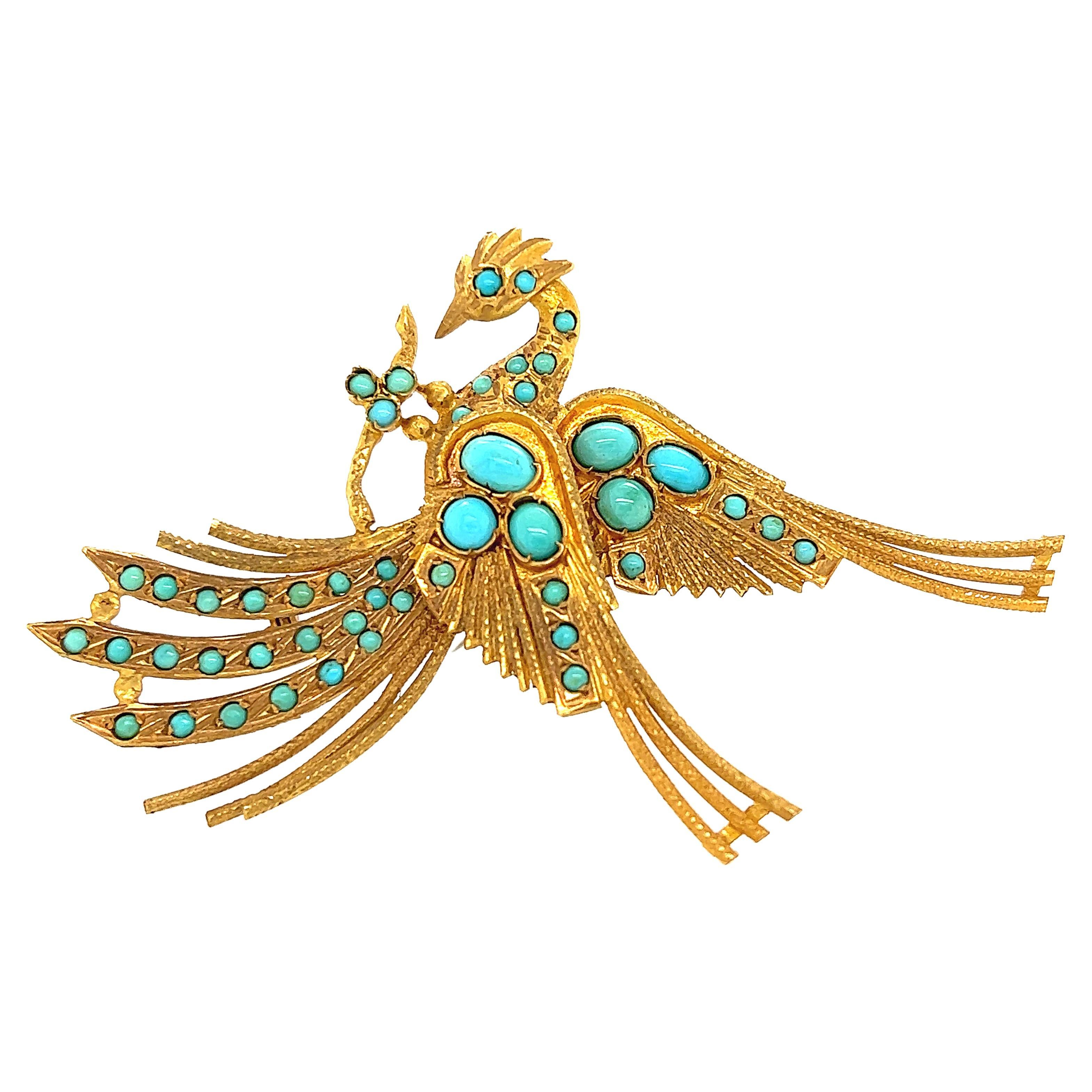 Egyptian Revival Golden Phoenix Turquoise Brooch For Sale