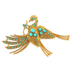 Antique Egyptian Revival Golden Phoenix Turquoise Brooch