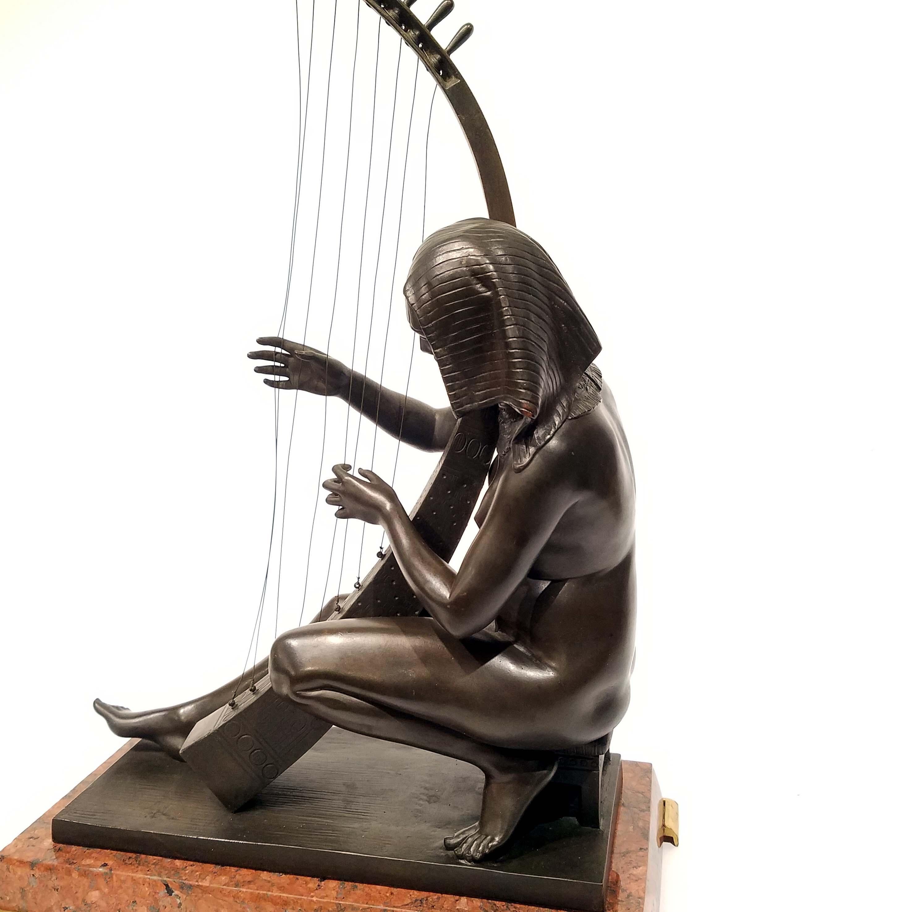 French Egyptian Revival Grand Tour Bronze of Maiden Playing a Harp For Sale