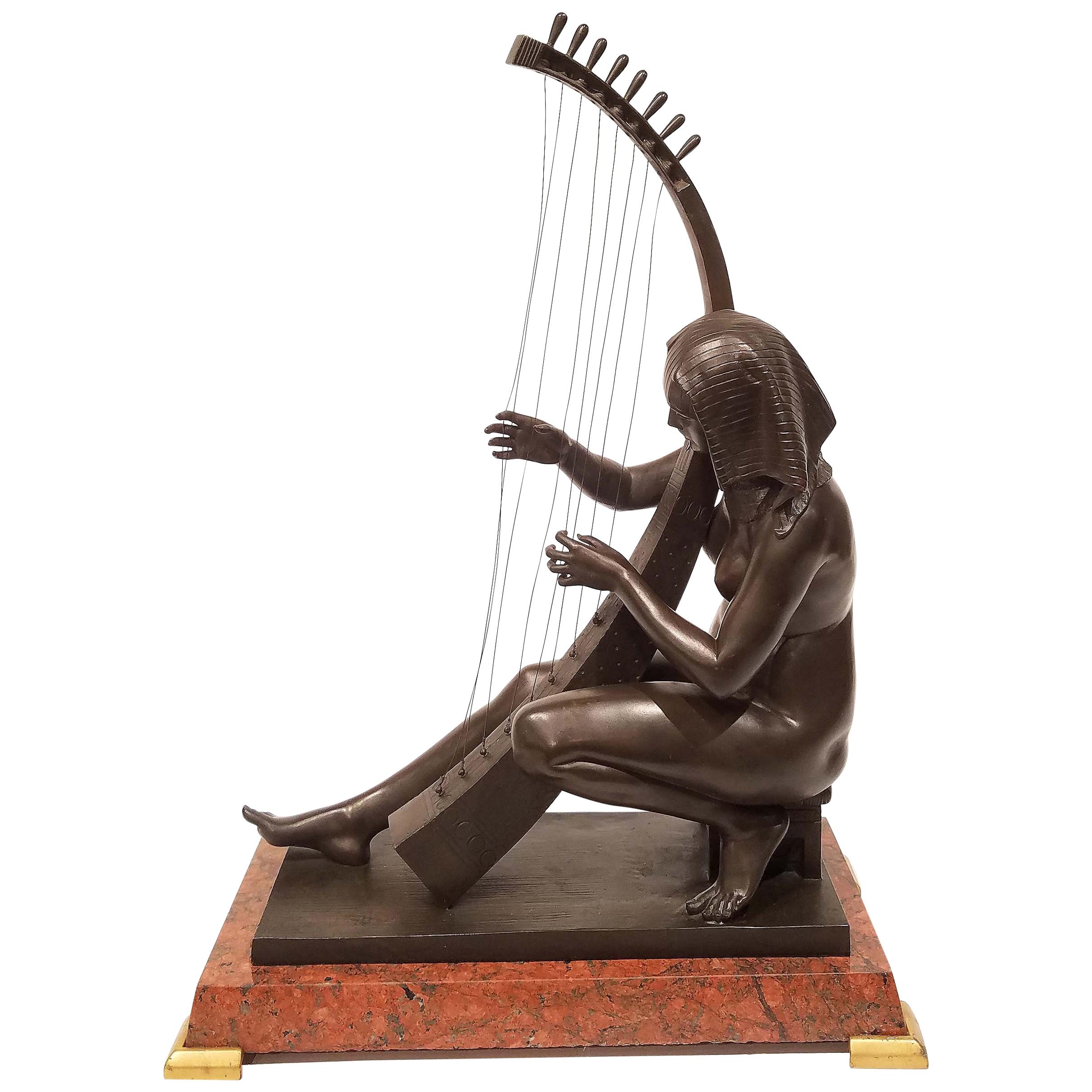 Egyptian Revival Grand Tour Bronze of Maiden Playing a Harp For Sale