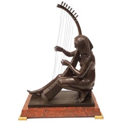 Egyptian Revival Grand Tour Bronze of Maiden Playing a Harp