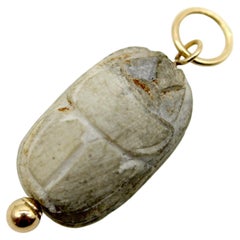 Egyptian Revival Gray Stone Scarab Pendant with 14K Gold Mount