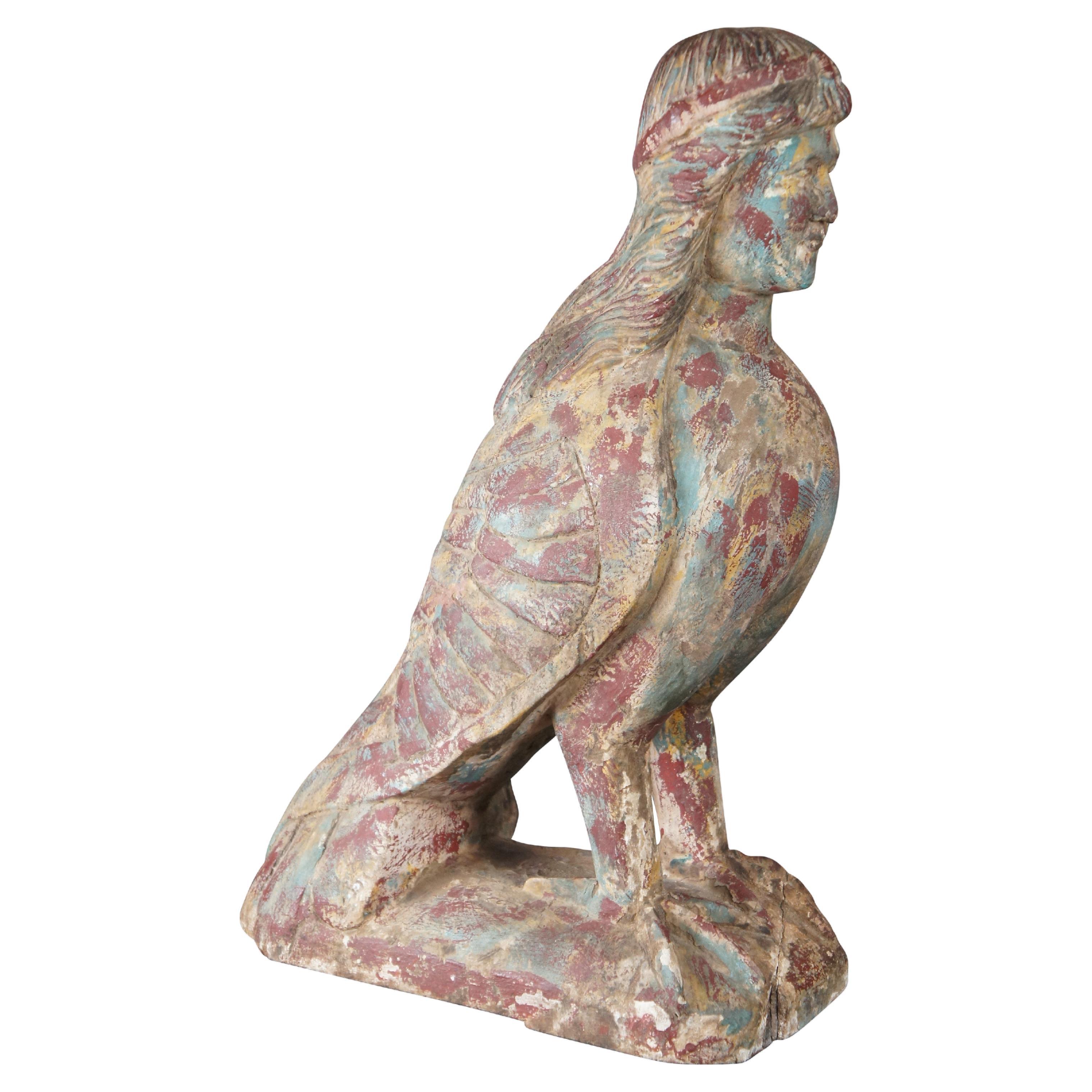 Egyptian Revival Hand Carved Wooden Polychrome Ba-Bird Sculpture Statue 22" For Sale