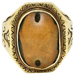 Bague scarabée unisexe en or 14 carats avec pierre dure de style néo-égyptien