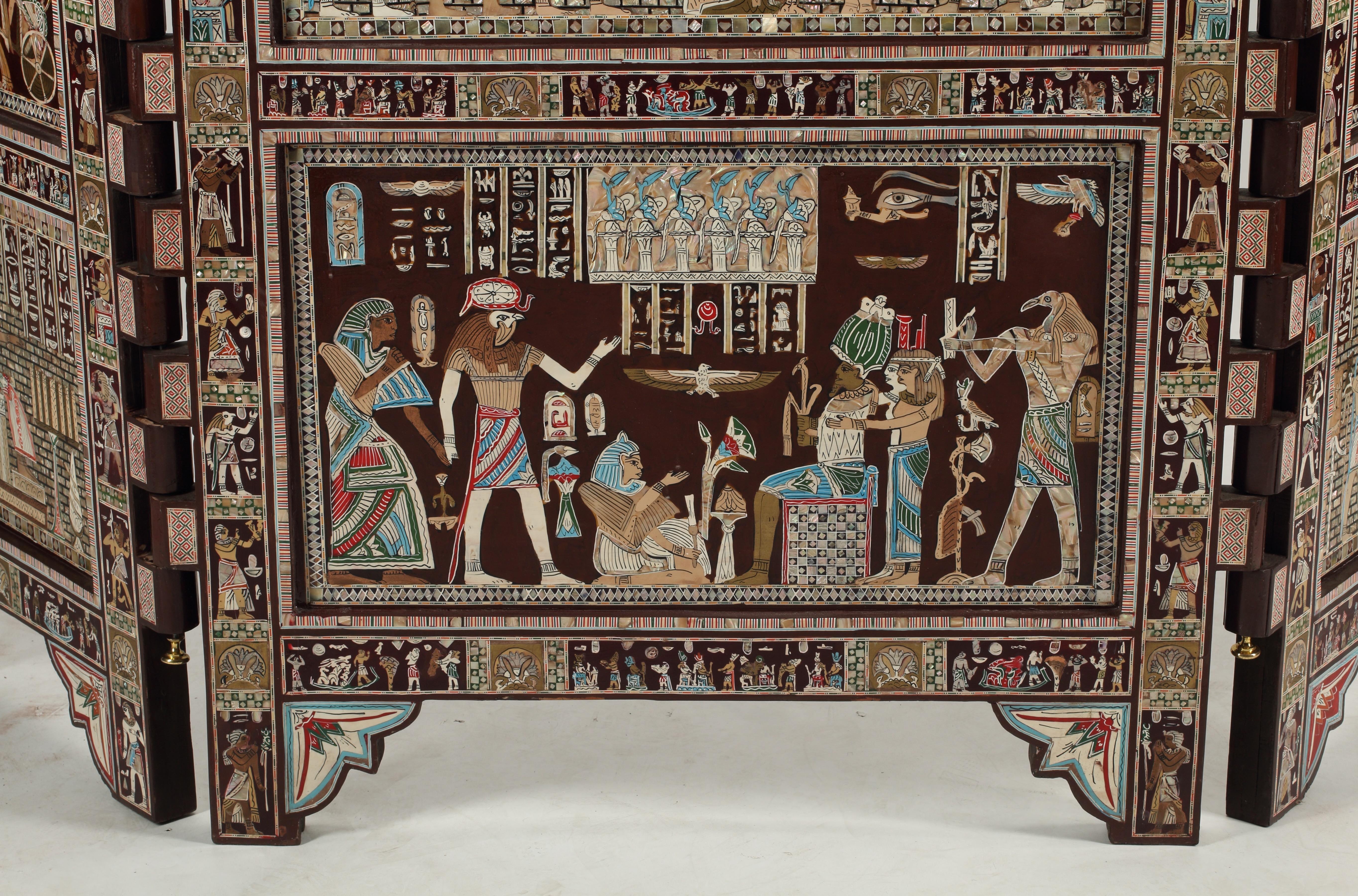 Egyptian Revival Inlaid Screen, Three Panel and Double Faced For Sale 4