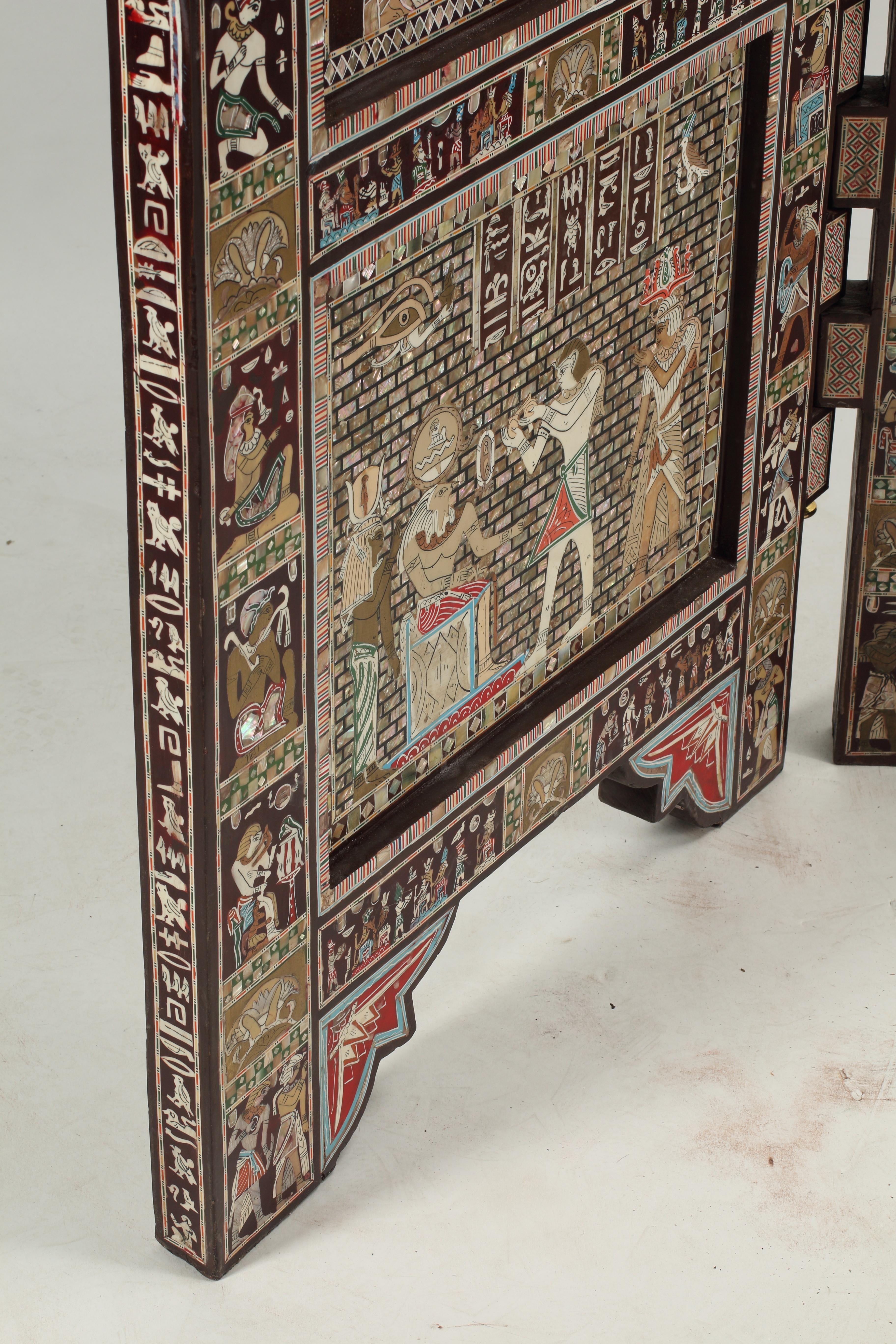 Inlay Egyptian Revival Inlaid Screen, Three Panel and Double Faced For Sale