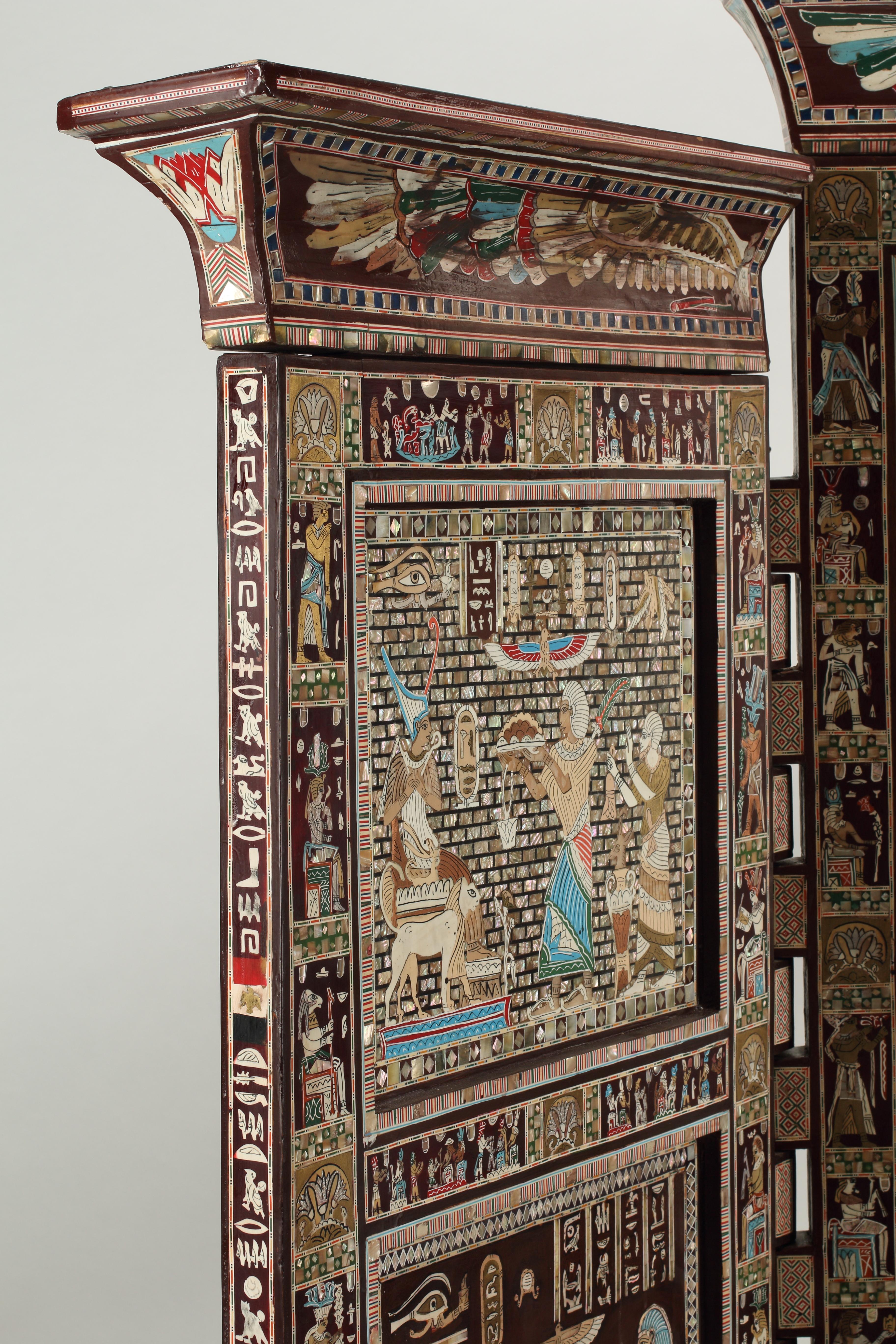Egyptian Revival Inlaid Screen, Three Panel and Double Faced In Good Condition For Sale In El Monte, CA