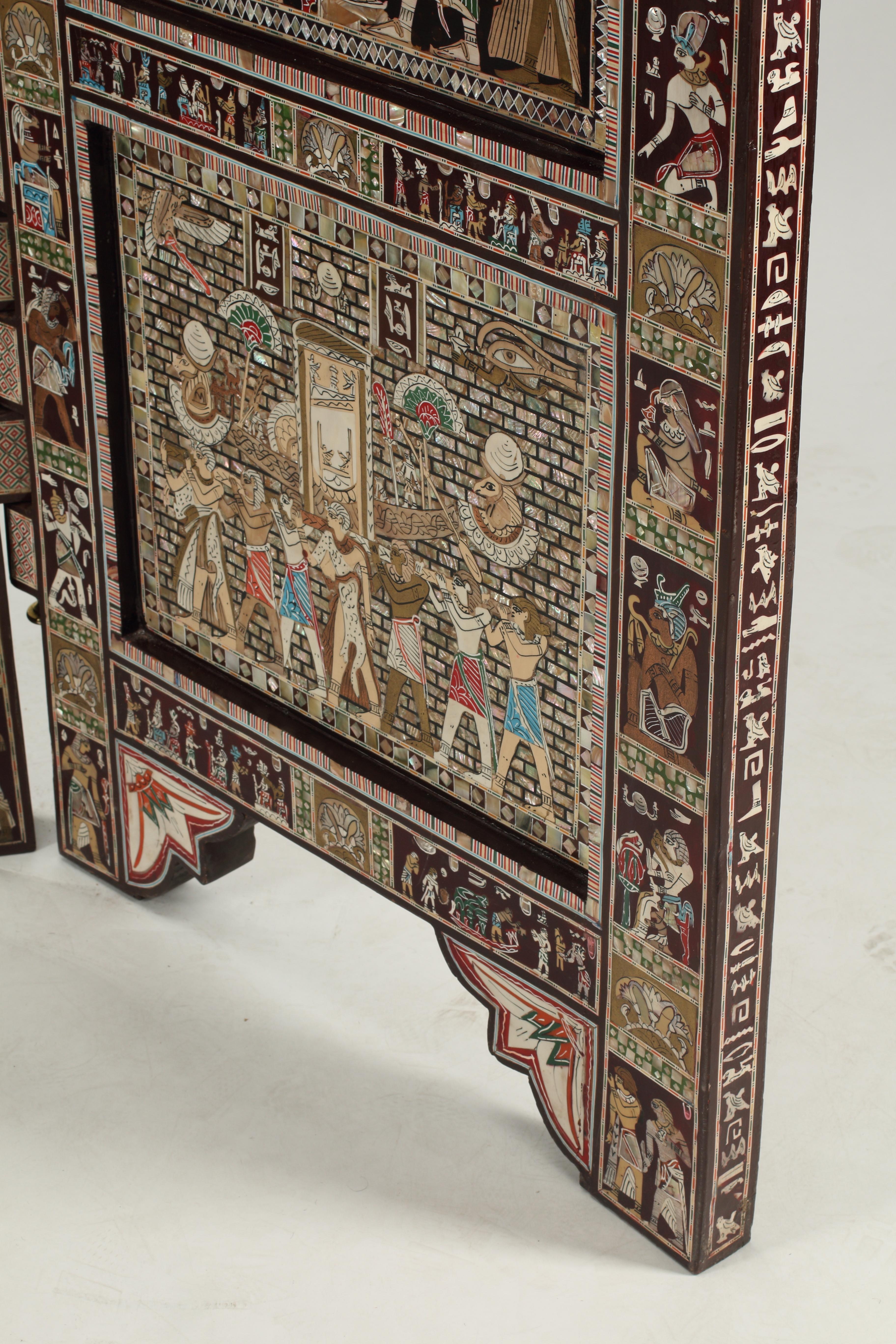 20th Century Egyptian Revival Inlaid Screen, Three Panel and Double Faced For Sale