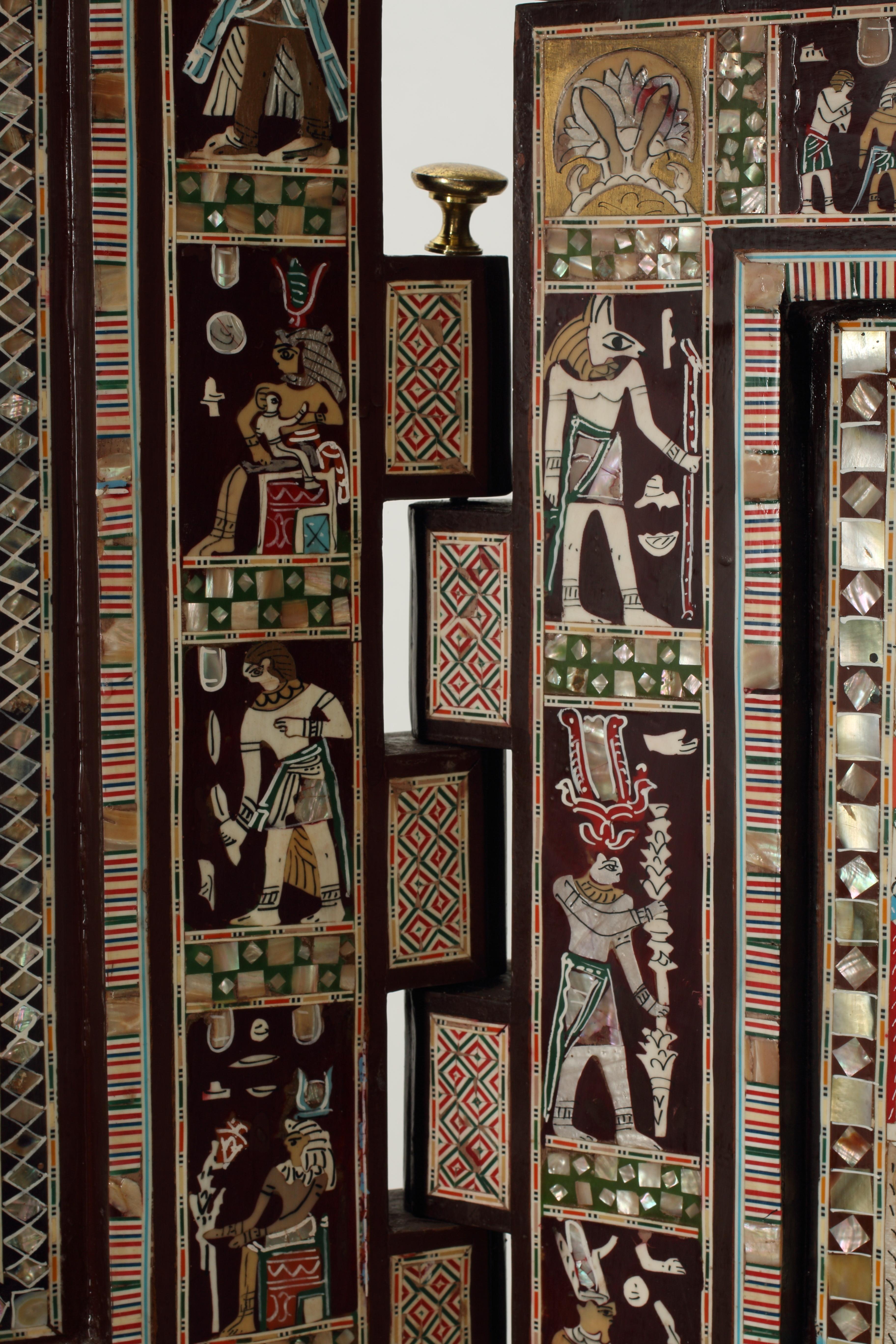 Mother-of-Pearl Egyptian Revival Inlaid Screen, Three Panel and Double Faced For Sale