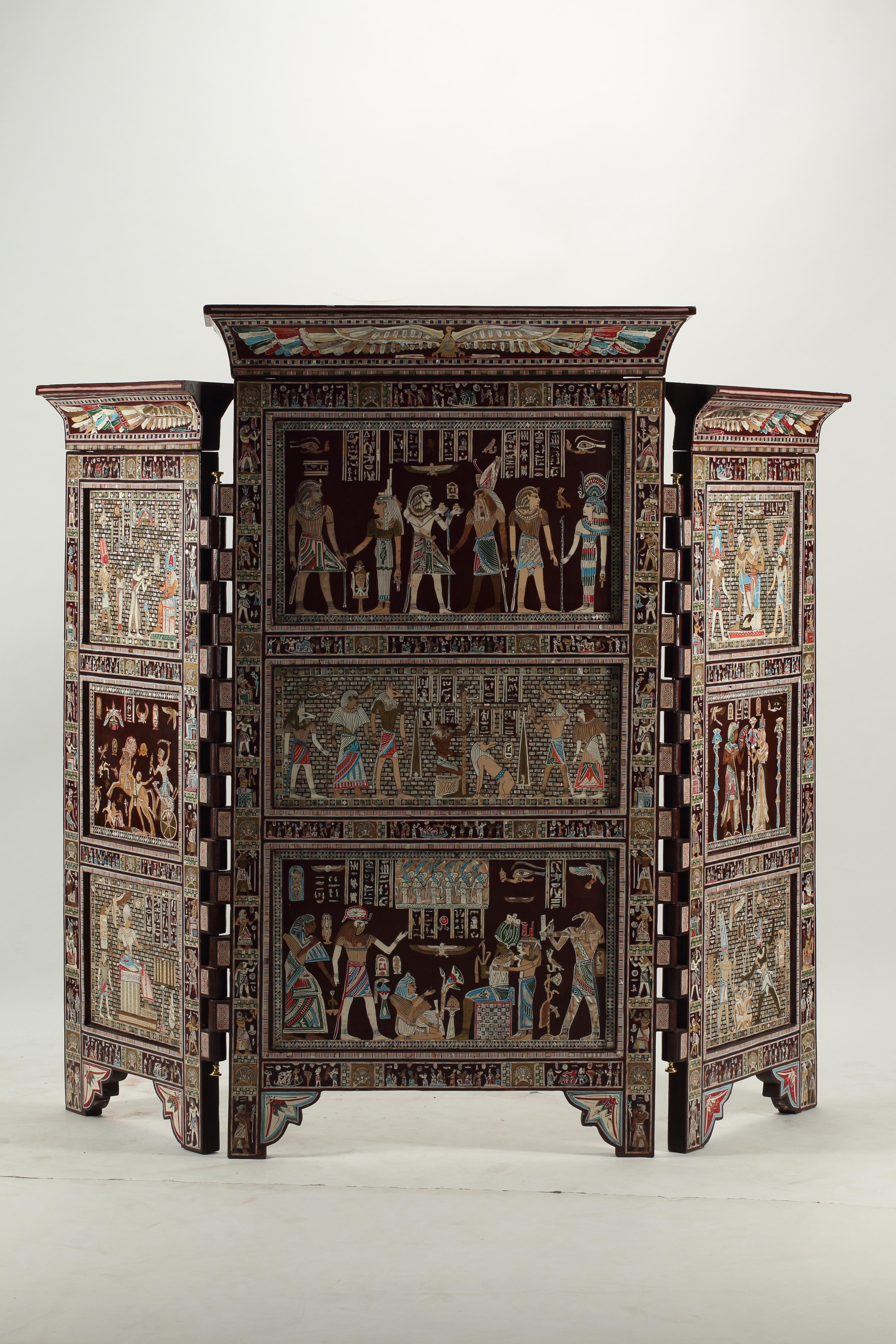 Egyptian Revival Inlaid Screen, Three Panel and Double Faced For Sale 1