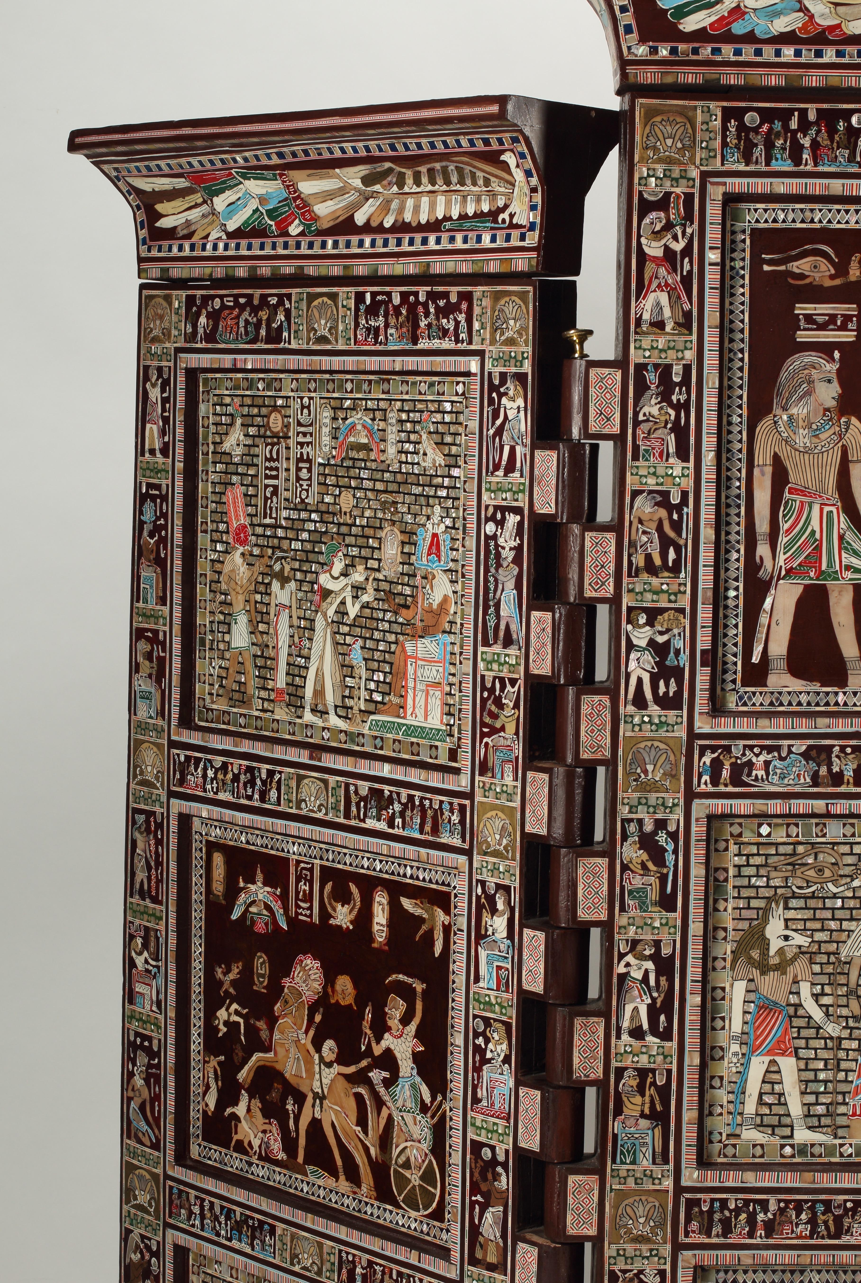 Egyptian Revival Inlaid Screen, Three Panel and Double Faced For Sale 3