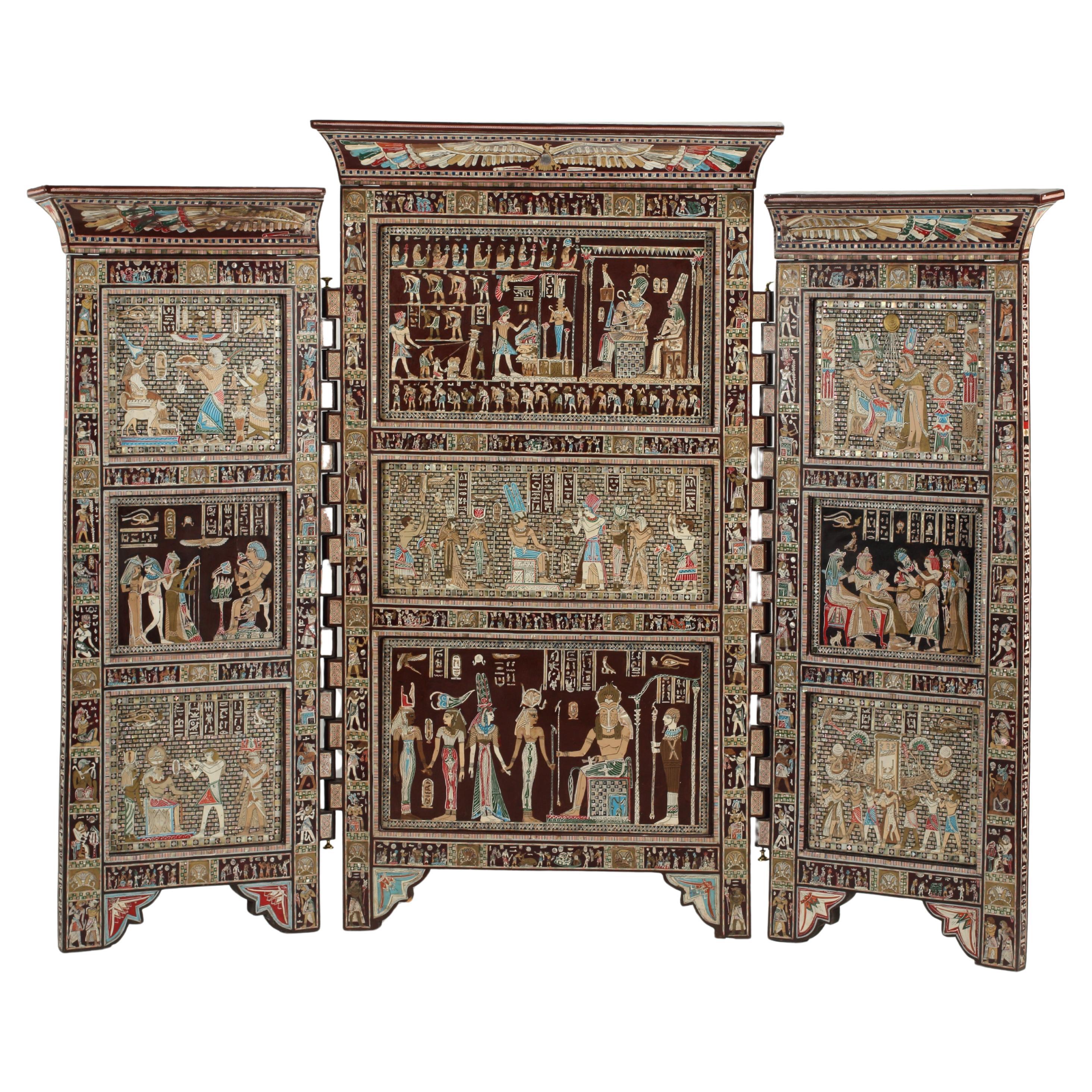 Egyptian Revival Inlaid Screen, Three Panel and Double Faced