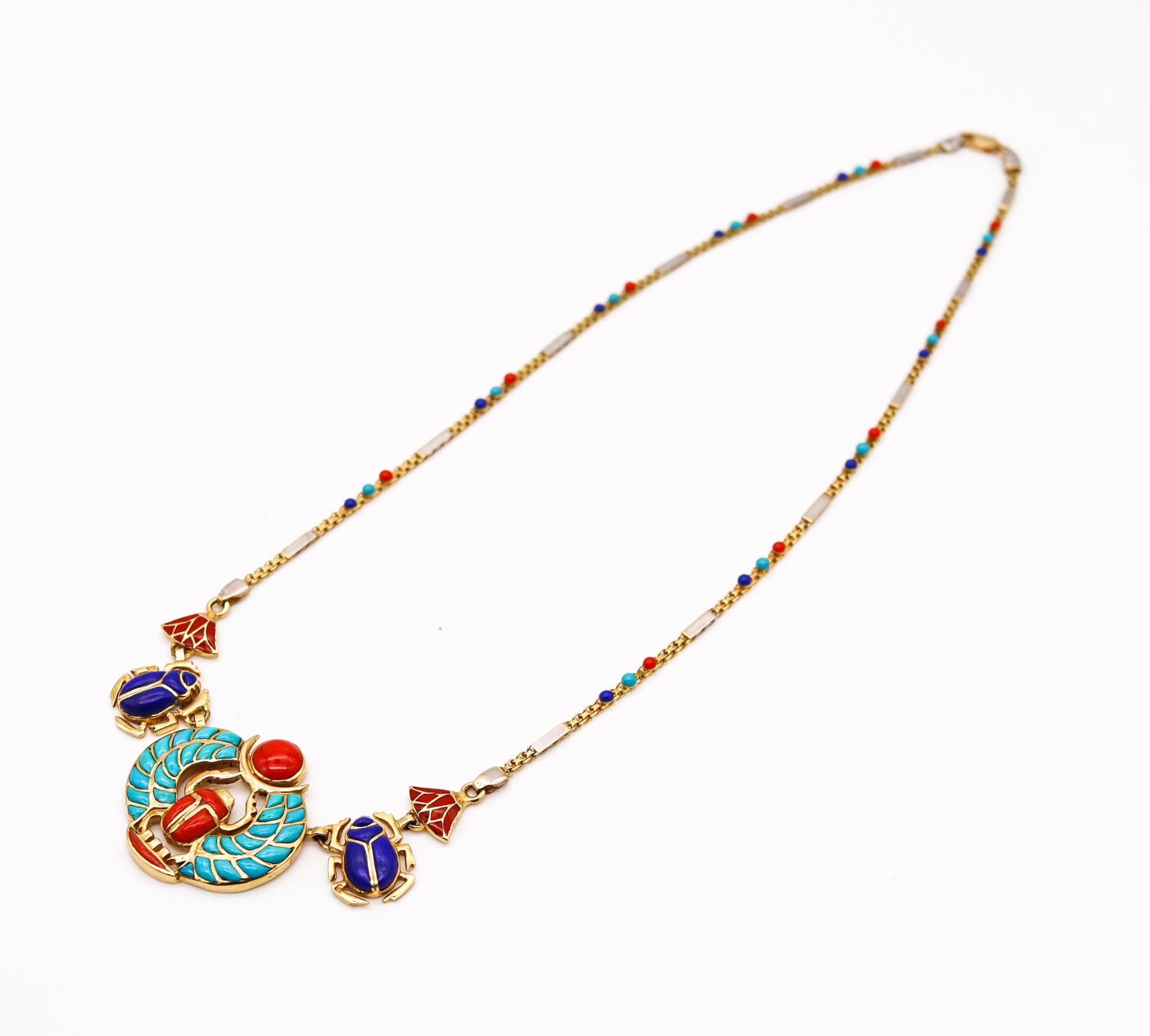 An Egyptian revival king Tut Khepri Scarab necklace

Beautiful colorful piece made with Egyptian motifs from the ancient kingdom of the Pharaohs. The dominant part is the figure of the sacred scarab with the feathers of the god Khepri flanked by two