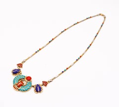 Egyptian Revival King Tut Khepri Scarab Necklace 18Kt Gold with Carved Gemstones