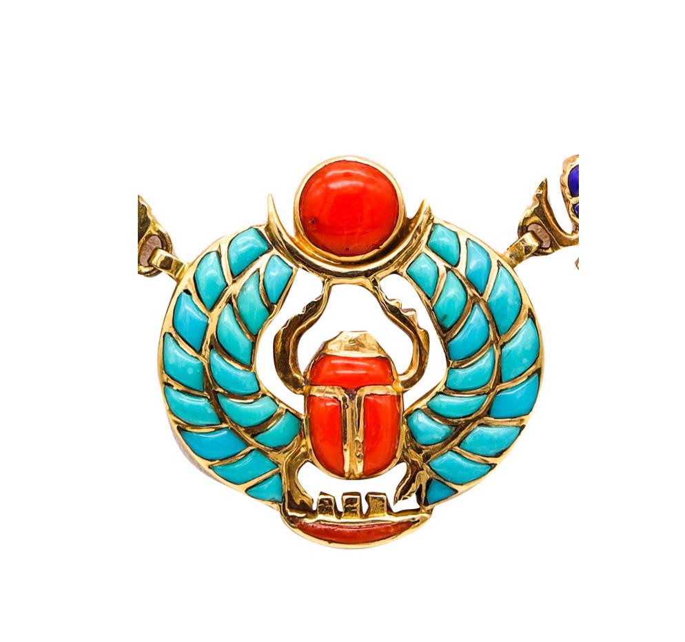 Women's or Men's Egyptian Revival King Tut Khepri Scarab Necklace 18Kt Gold with Carved Gemstones For Sale