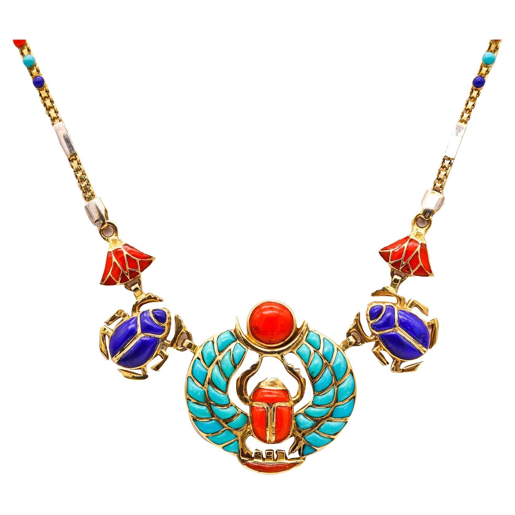 Egyptian Revival King Tut Khepri Scarab Necklace 18Kt Gold with Carved Gemstones For Sale