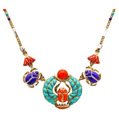 Vintage Egyptian Revival King Tut Khepri Scarab Necklace 18Kt Gold with Carved Gemstones