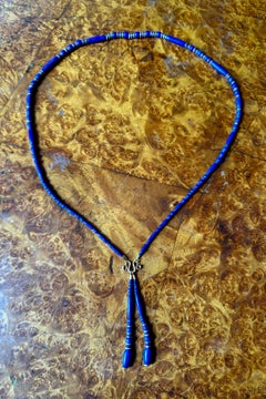 Egyptian Revival Lapis Lazuli 14 Karat Gold Necklace Lariat 24 Inches Antique