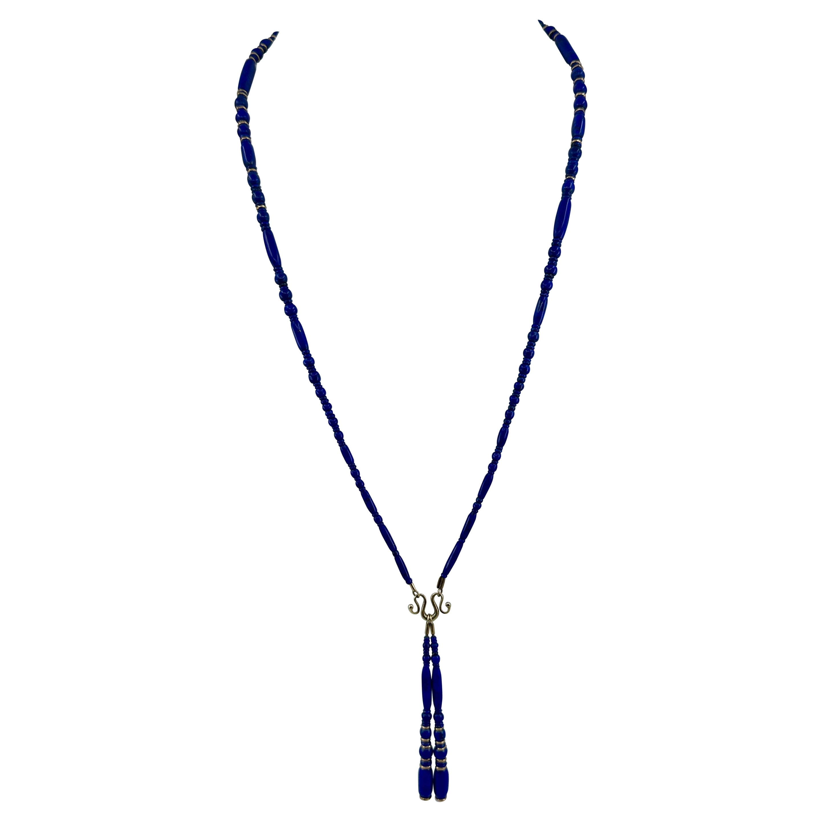 Collana egiziana Revival in Lapislazzuli 14 carati Lariat da 24 pollici Antica in vendita