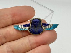 Egyptian Revival Lapis Lazuli Pharoah King Tut Enamel Brooch Pin Art Deco Silver