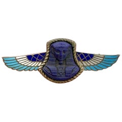 Egyptian Revival Lapis Lazuli Pharoah King Tut Enamel Brooch Pin Art Deco Silver