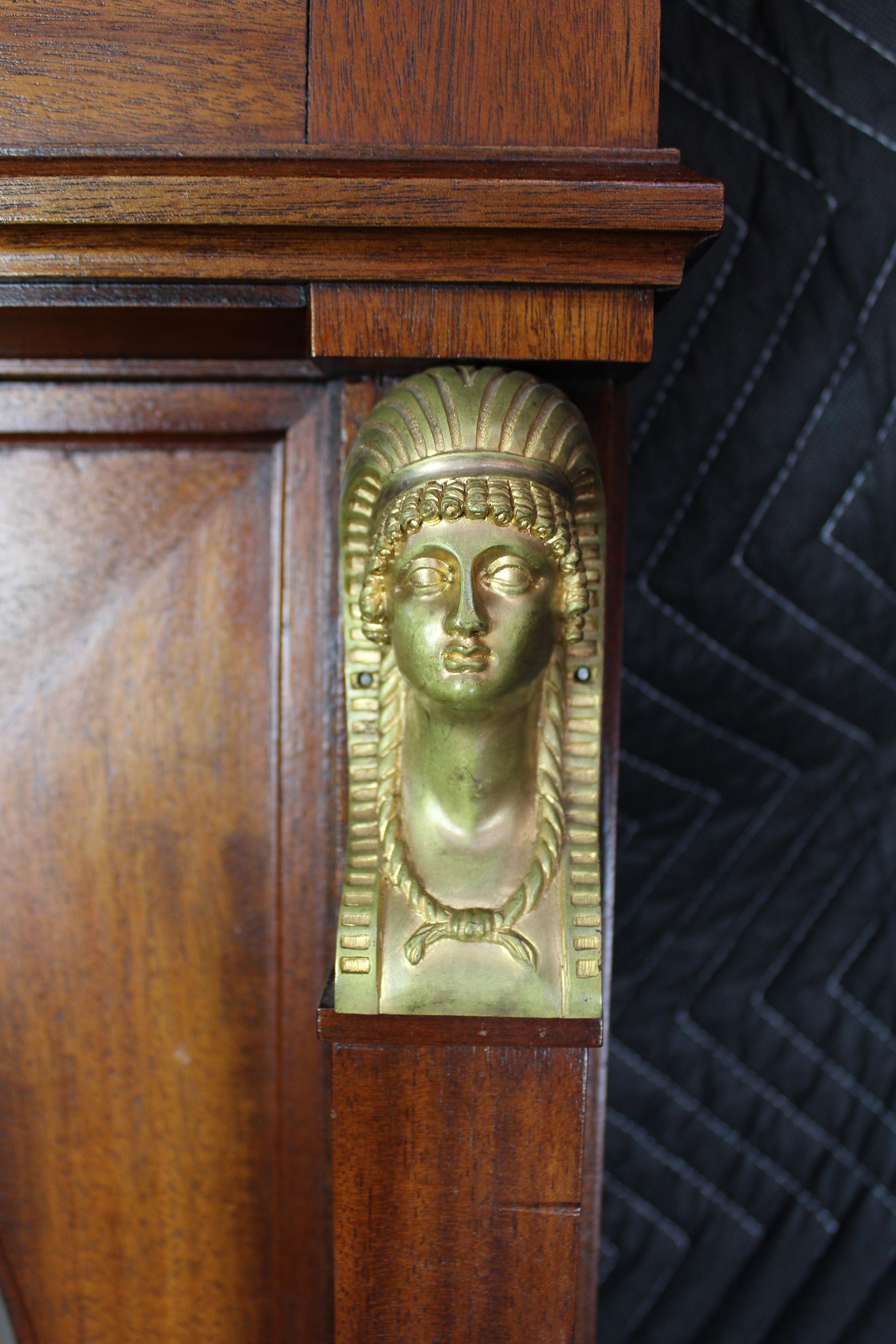 20th Century Egyptian Revival Mahogany over Mantel Mirror Regency Figural Bronze Caryatid For Sale
