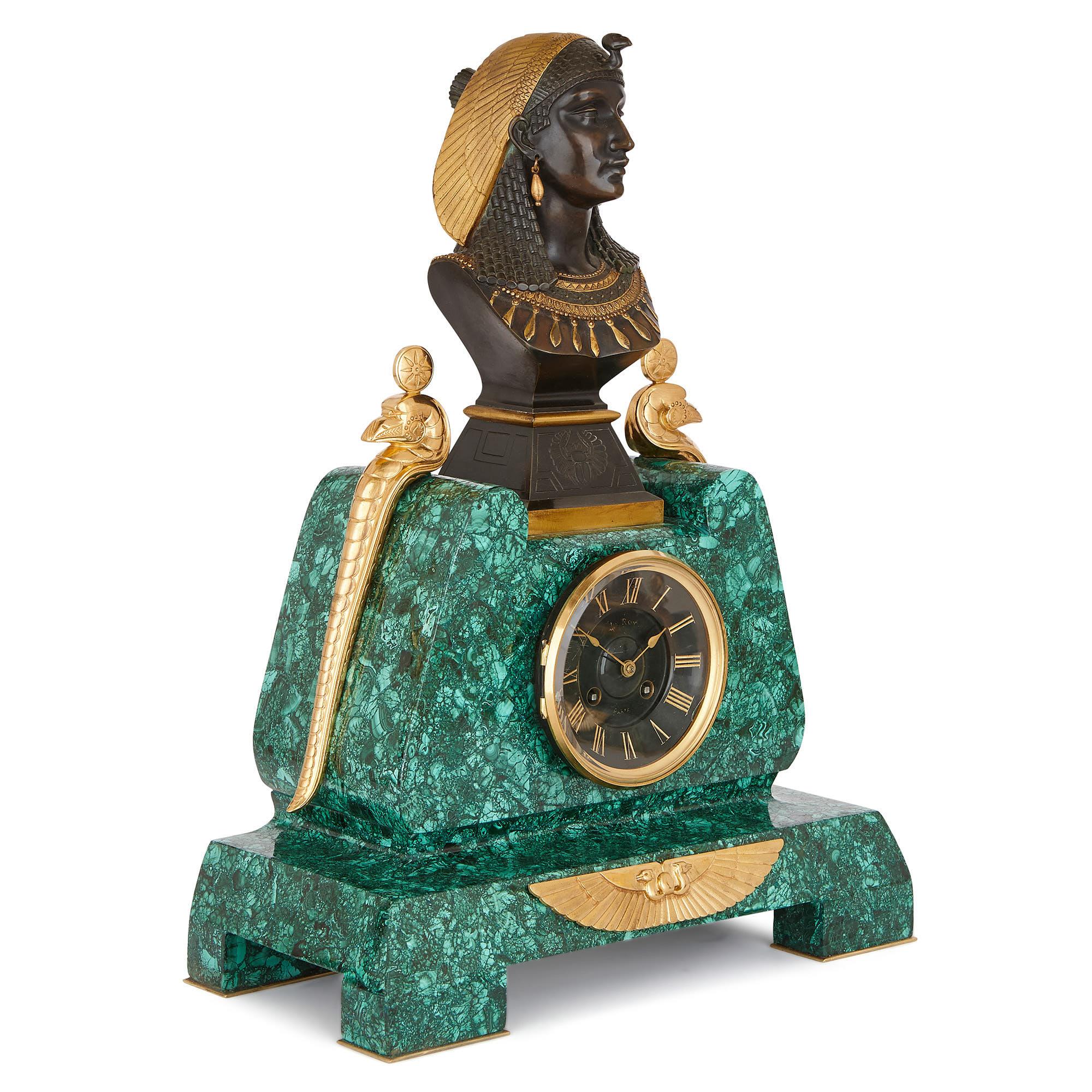 French Egyptian Revival Malachite, Marble, Gilt and Patinated Bronze Clock Set For Sale