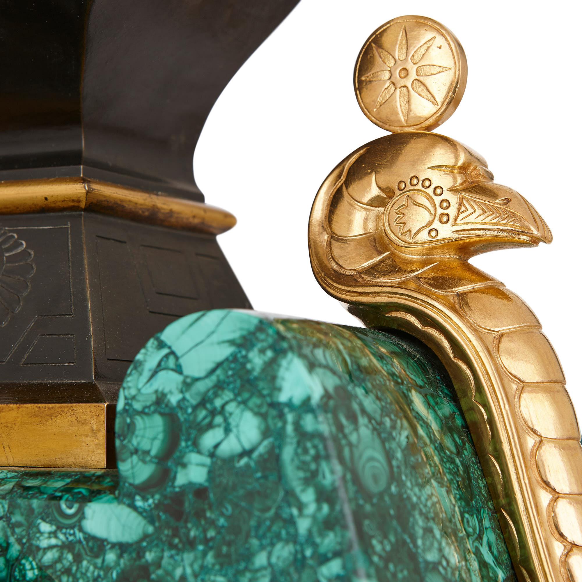 20th Century Egyptian Revival Malachite, Marble, Gilt and Patinated Bronze Clock Set For Sale