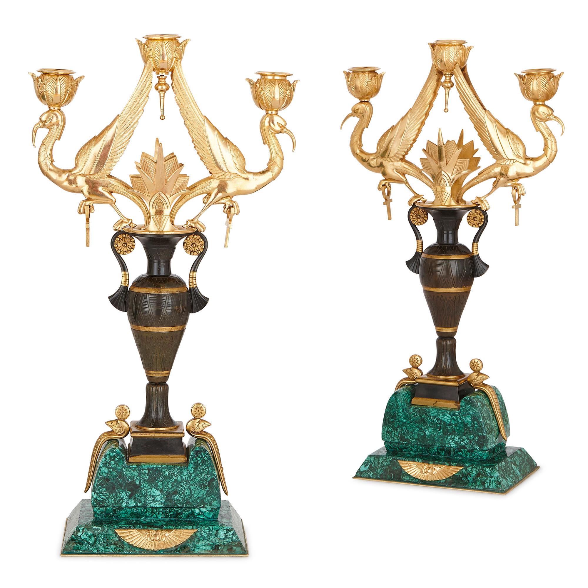 Egyptian Revival Malachite, Marble, Gilt and Patinated Bronze Clock Set For Sale 1