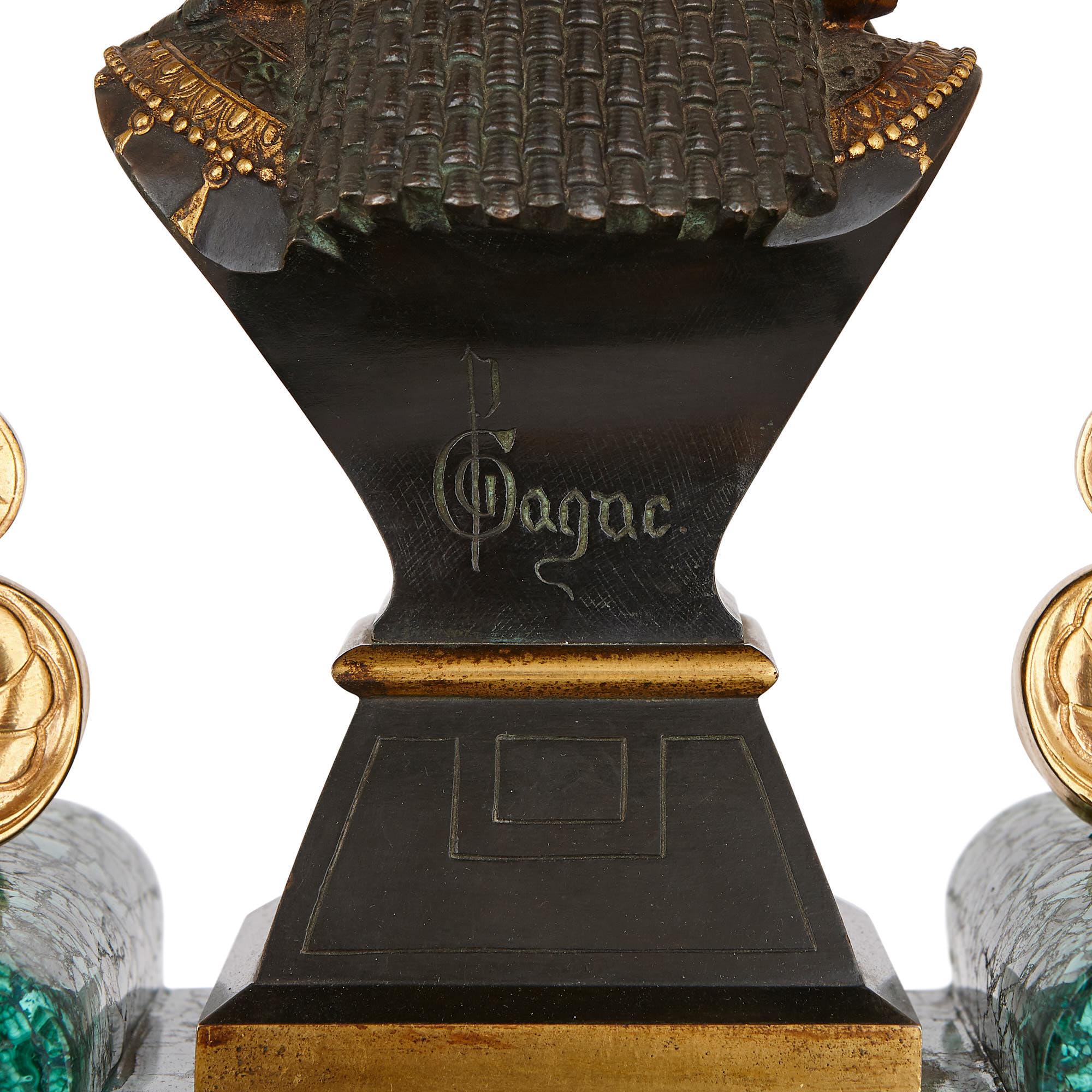 Egyptian Revival Malachite, Marble, Gilt and Patinated Bronze Clock Set For Sale 3