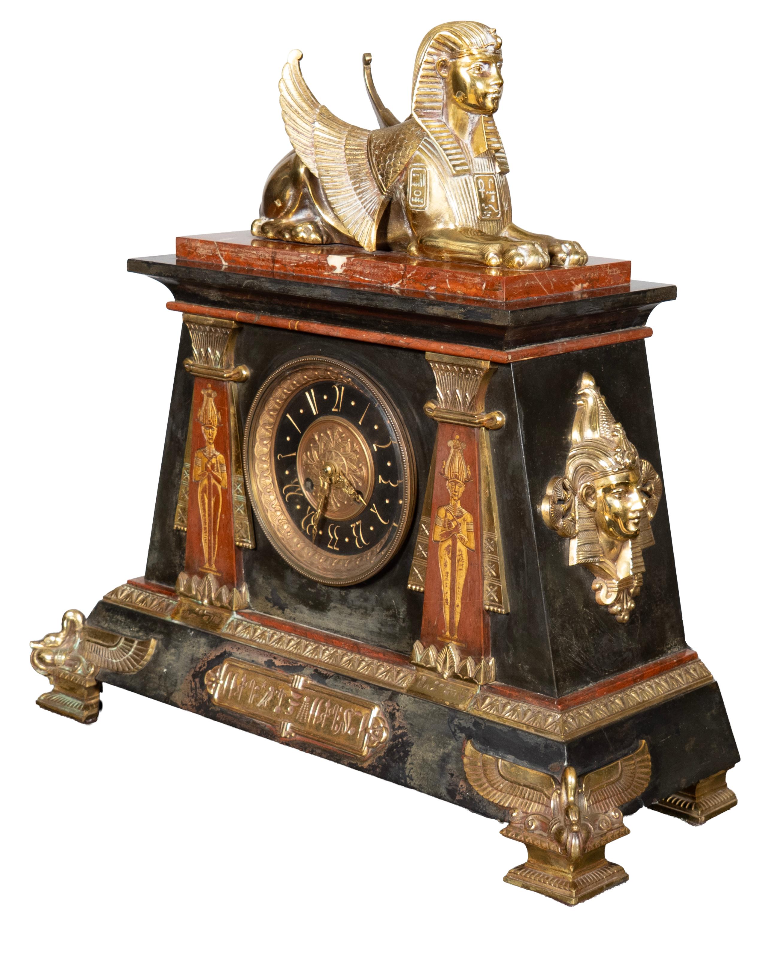 French Egyptian Revival Mantle Clock Retailed By Tiffany & Company For Sale
