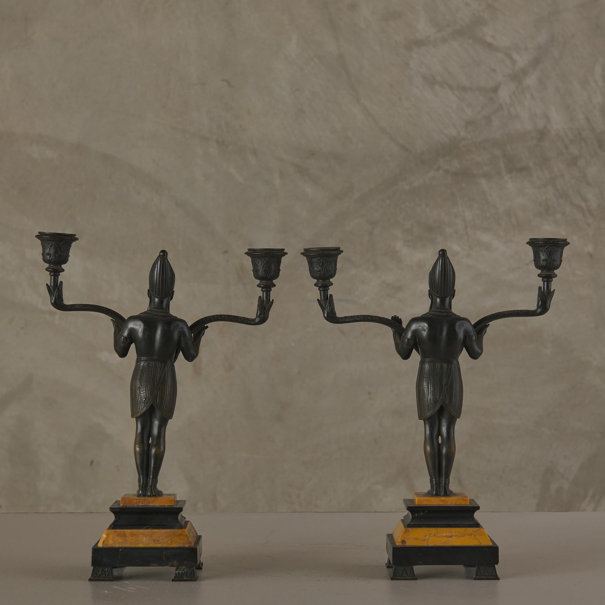 Egyptian Revival Marble Clock with Two Candelabra Granitures For Sale 5