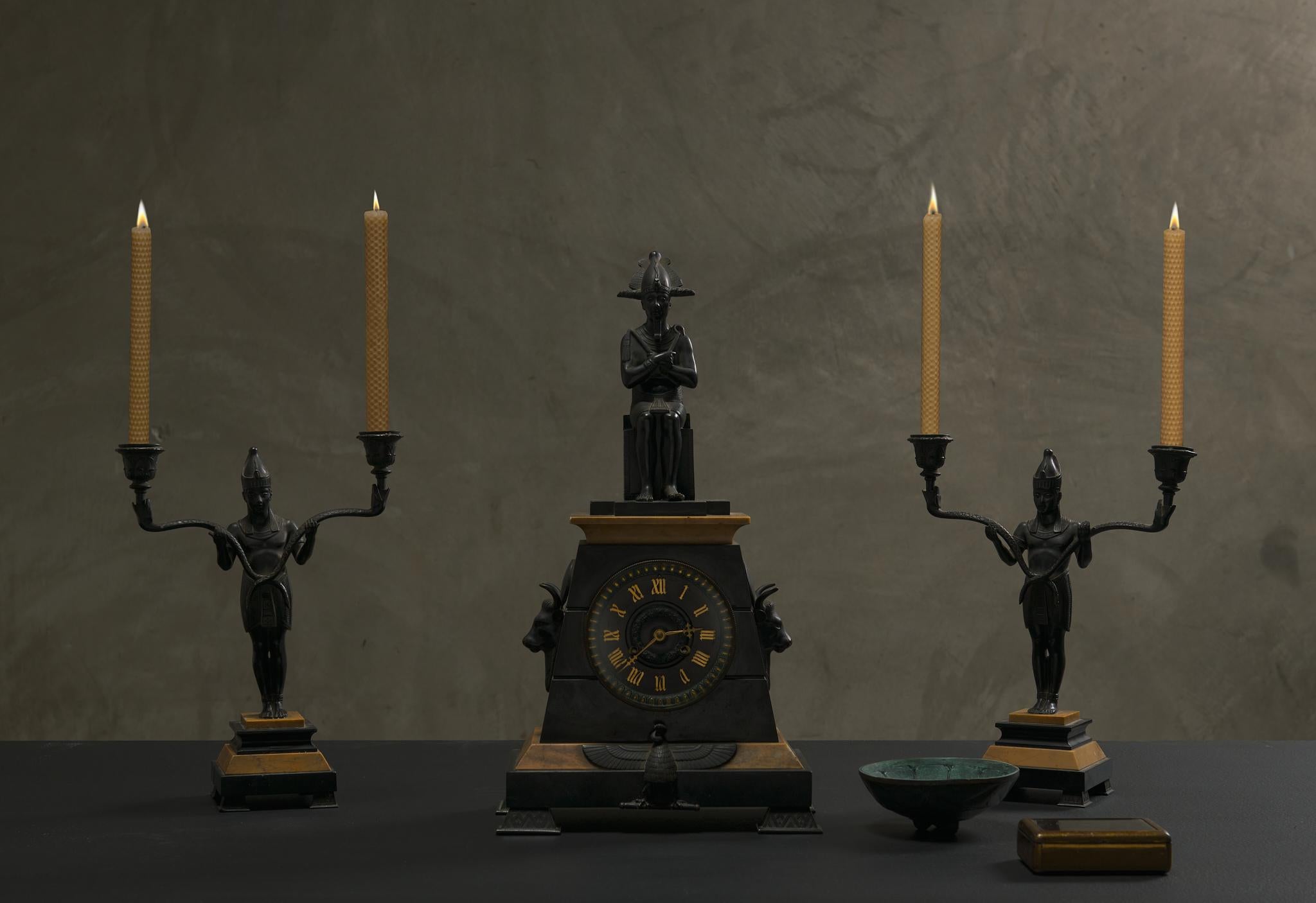 Egyptian Revival Marble Clock with Two Candelabra Granitures For Sale 7